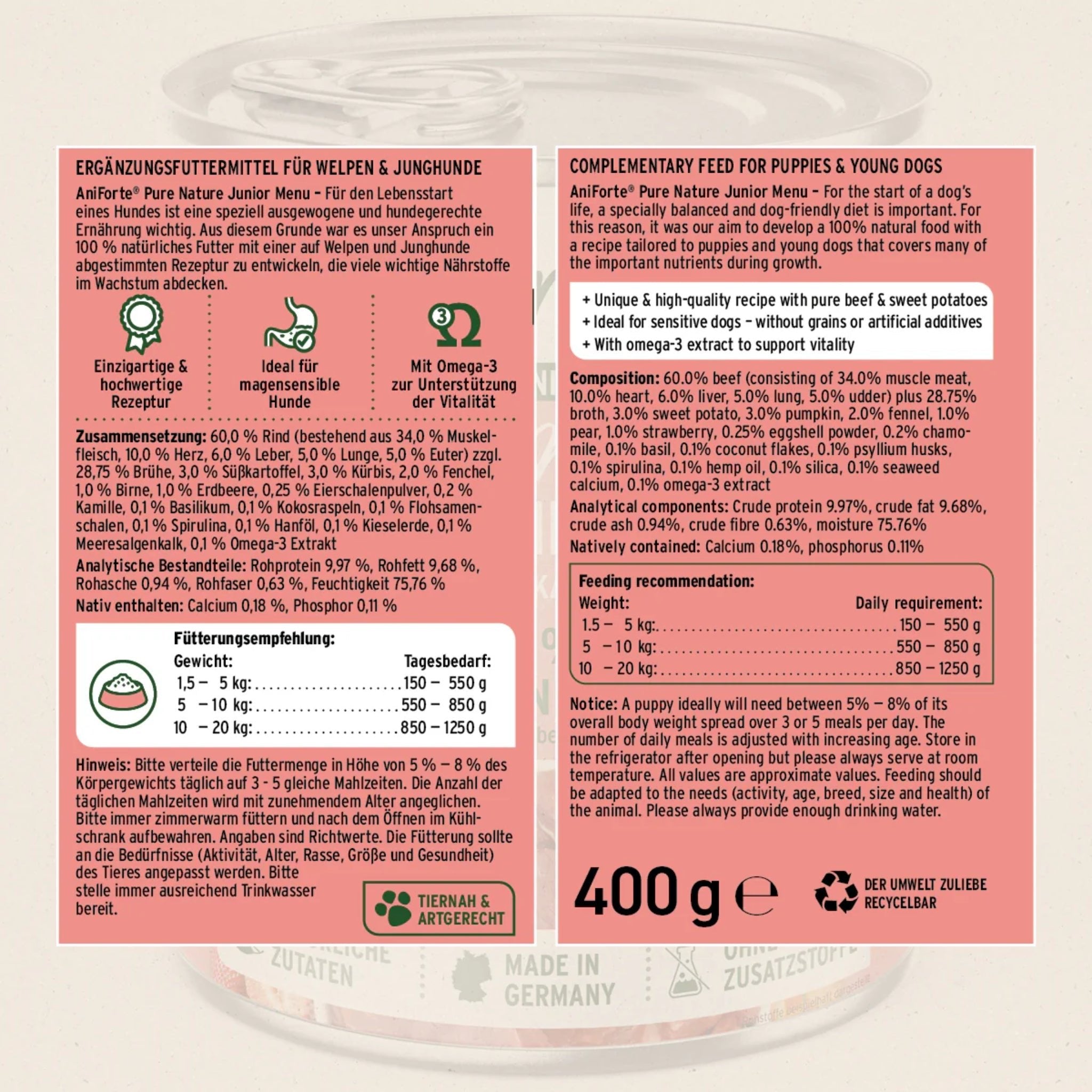 AniForte Pure Nature Junior Menu Beef – Premium Welpen - Nassfutter für gesundes Wachstum, 100% natürlich & getreidefrei - Woofshack