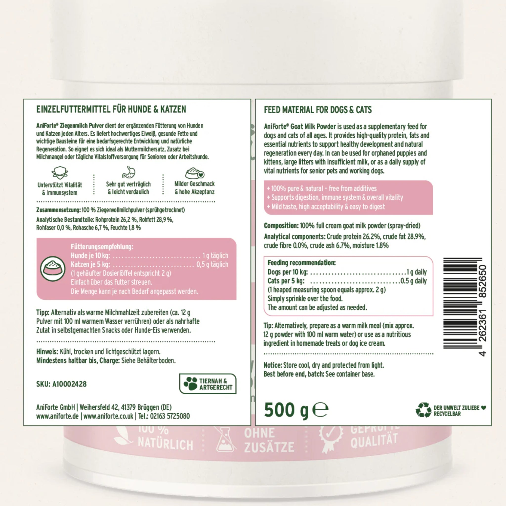 AniForte Ziegenmilch Pulver für Hunde & Katzen - Natürliche Aufzucht & Verdauung - Woofshack