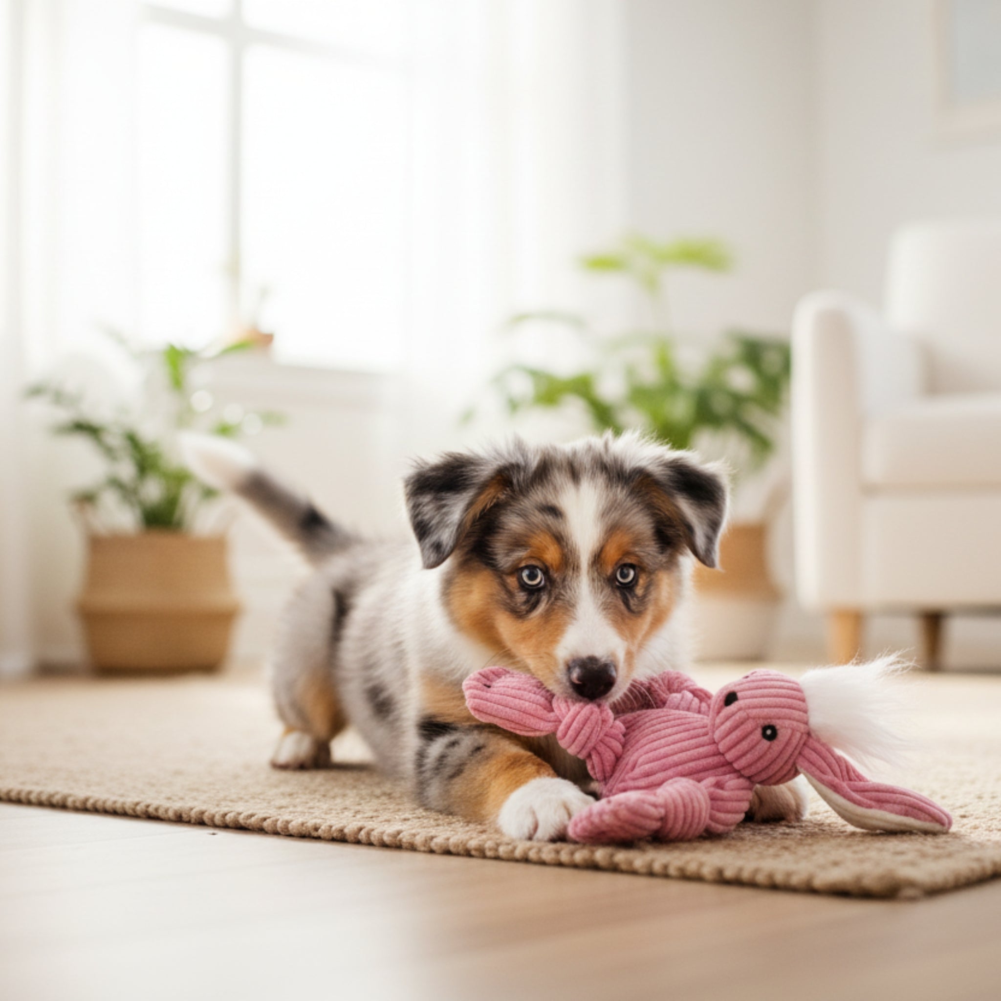HuggleHounds Bitsy Bunny Knottie – Strapazierfähiges Plüsch - Hundespielzeug mit geknoteten Gliedmaßen für intensive Kausessions und aktives Spielen - Woofshack