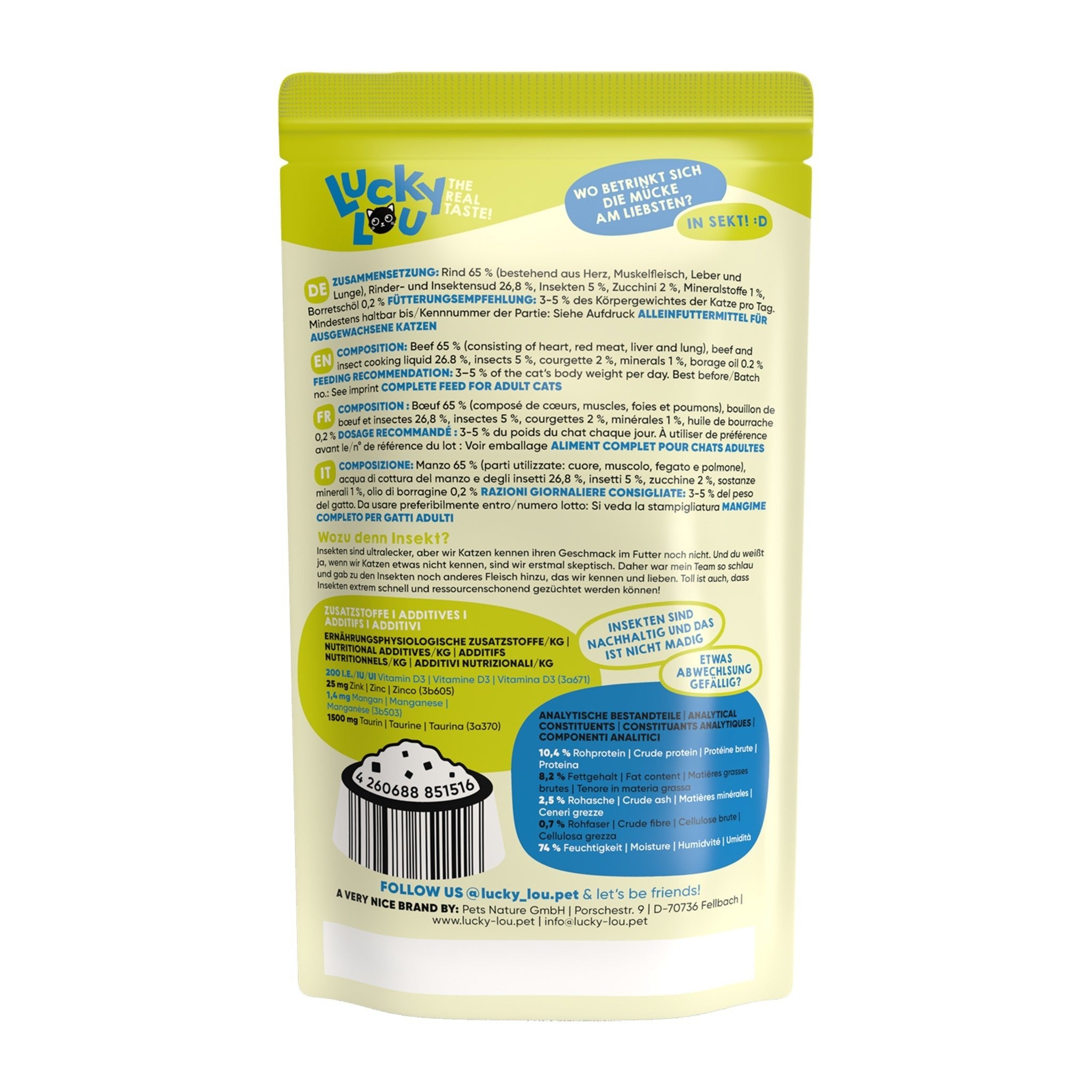 Lucky Lou Pouch Lifestage Adult Rind & Insekt, Katzen Nassfutter - Woofshack
