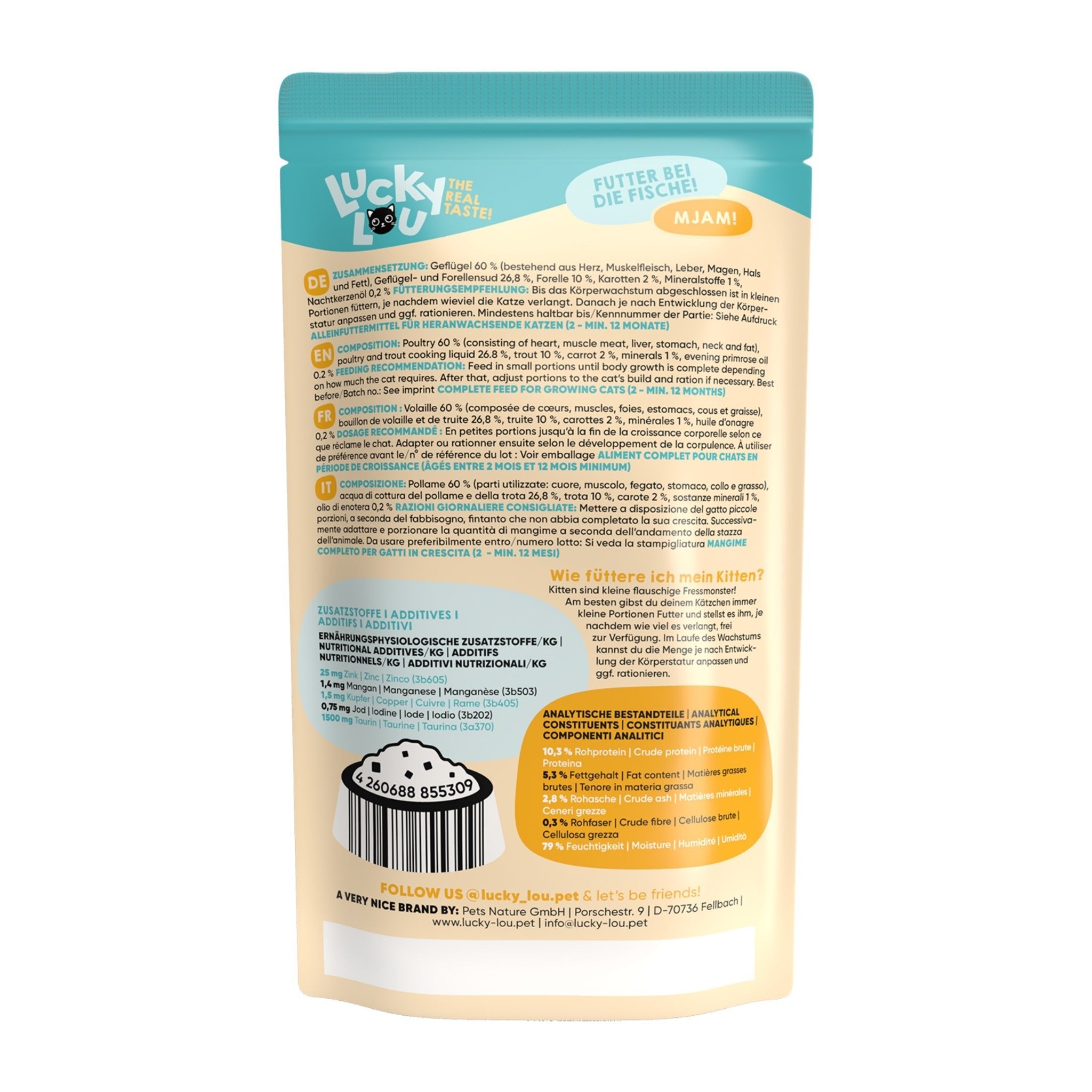 Lucky Lou Pouch Lifestage Kitten Geflügel & Forelle, Nassfutter - Woofshack