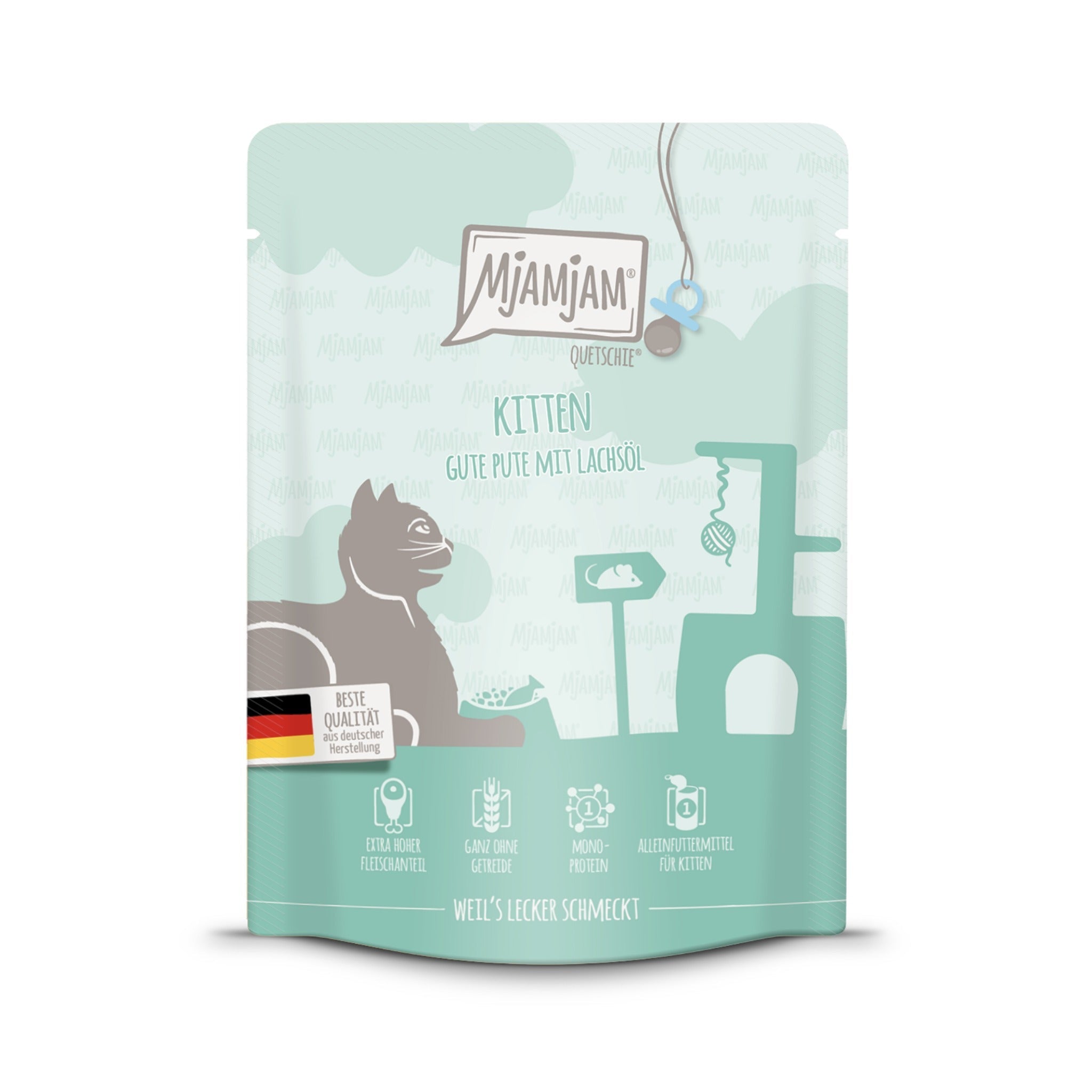 MjAMjAM Quetschie Pute & Lachsöl - Kitten Nassfutter - Woofshack