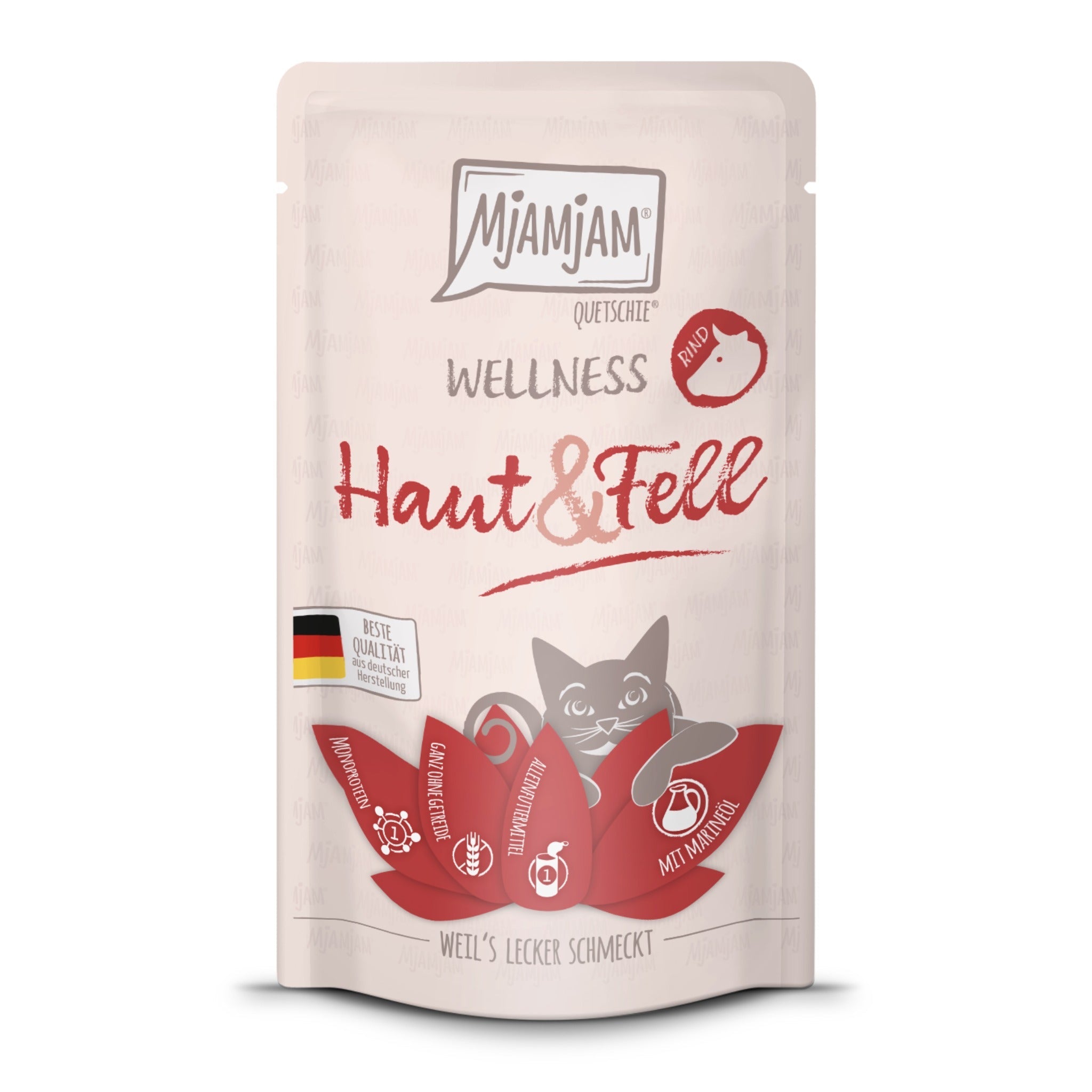 MjAMjAM Quetschie Wellness Haut & Fell Rind - Katzen Nassfutter - Woofshack