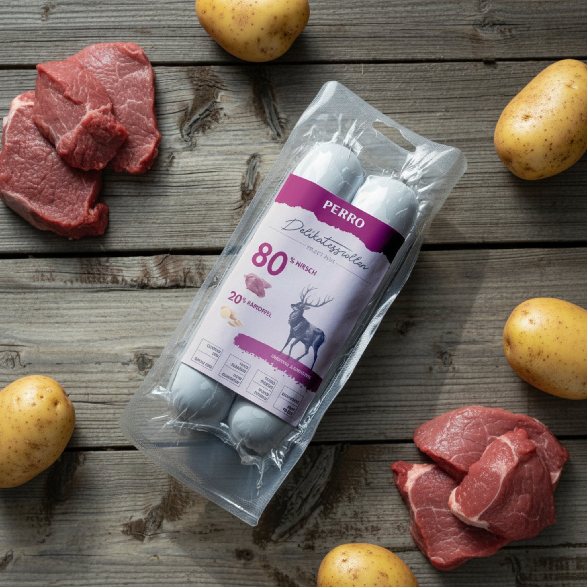 Perro Delikatessrolle Hirsch & Kartoffel - Getreidefreie Hundewurst für sensible Hunde - Woofshack