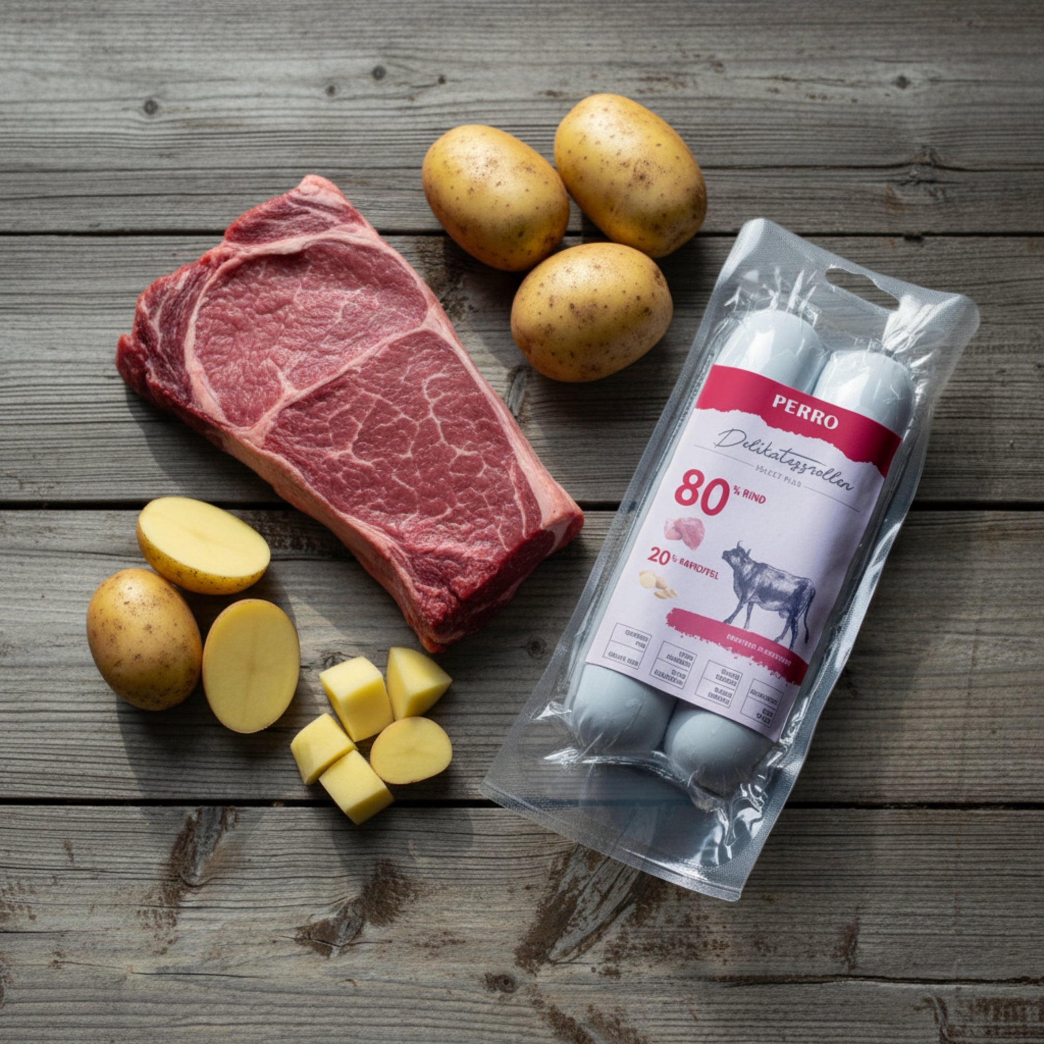 Perro Delikatessrolle No.1 Rind & Kartoffel – Premium Hundewurst für ernährungssensible Hunde, getreidefrei, leicht verdaulich, hoher Fleischanteil, natürliche Zutaten - Woofshack