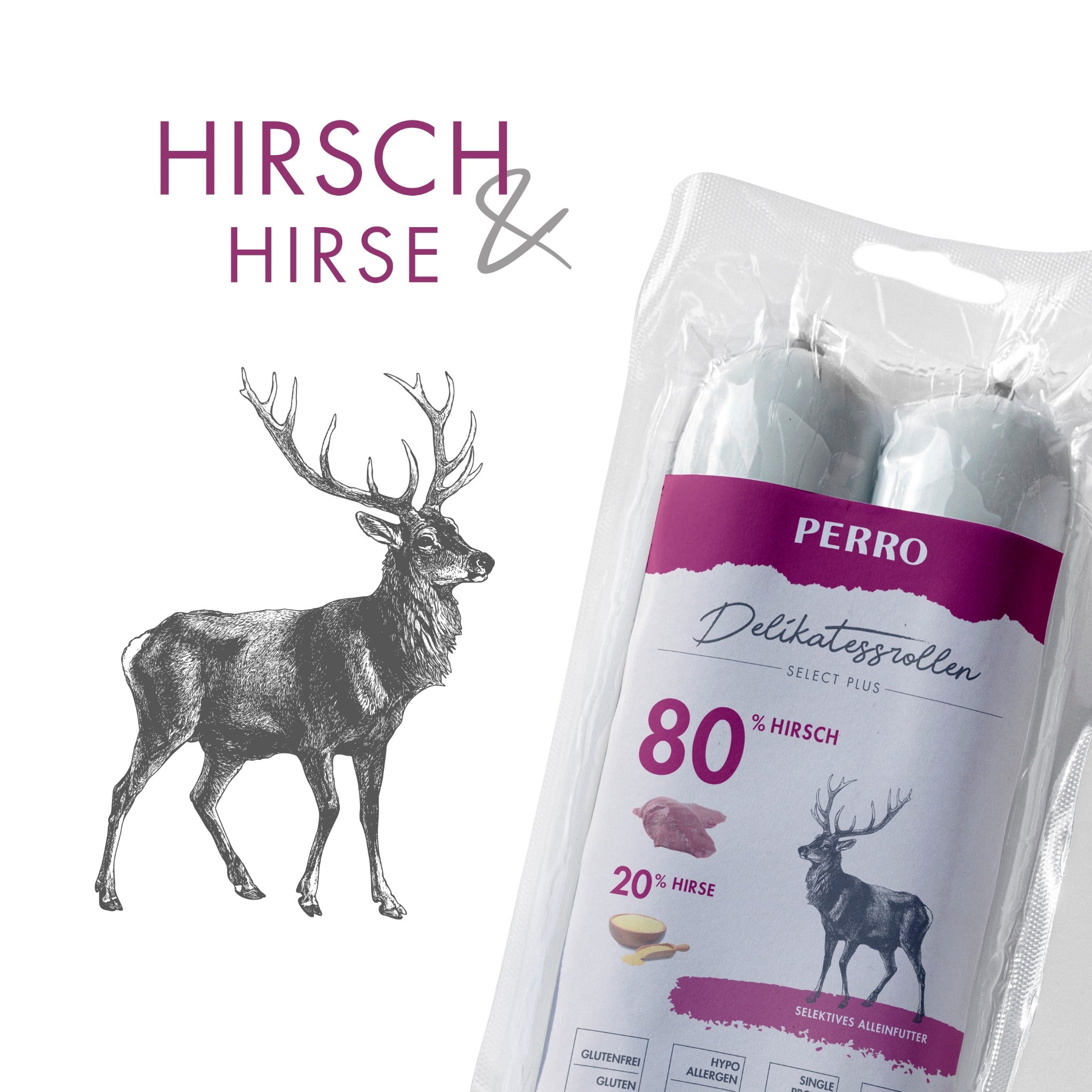 Perro Delikatessrolle No.2 Hirsch & Hirse - Hundewurst - Woofshack