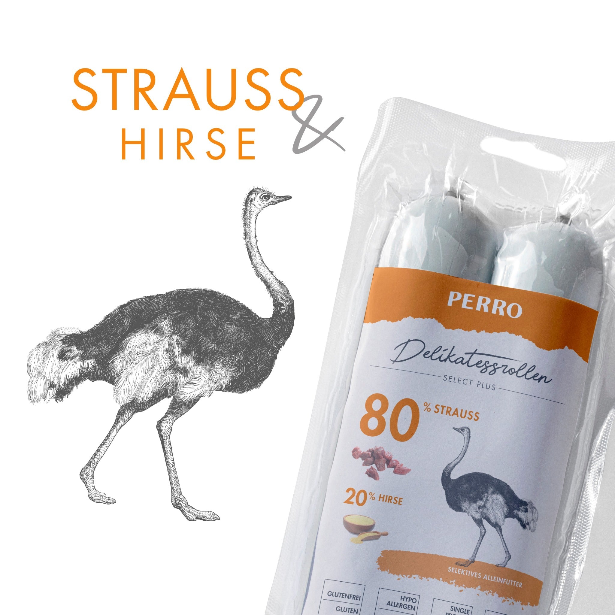 Perro Delikatessrolle No.2 Strauß & Hirse - Hundewurst - Woofshack