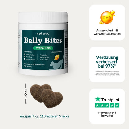 Vetevo Belly Bites 2.0 – Verdauungs-Snacks für Hunde mit Prä-, Pro- &amp; Postbiotika, Kürbis &amp; Algen | Für ein glückliches Hundebäuchlein