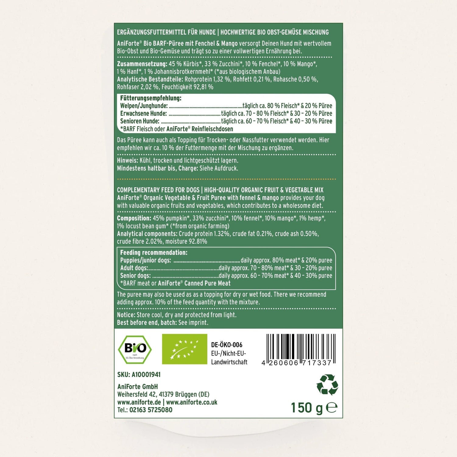 AniForte BIO BARF - Püree mit Fenchel &amp; Mango für Hunde - Woofshack