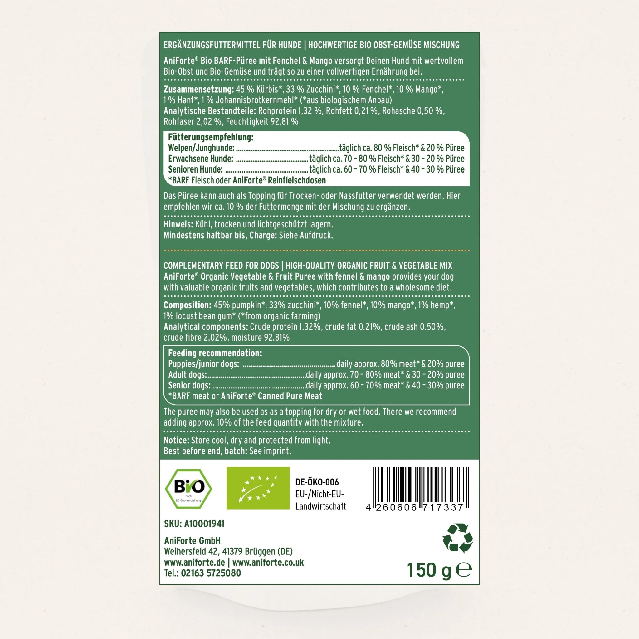 AniForte BIO BARF - Püree mit Fenchel &amp; Mango für Hunde - Woofshack