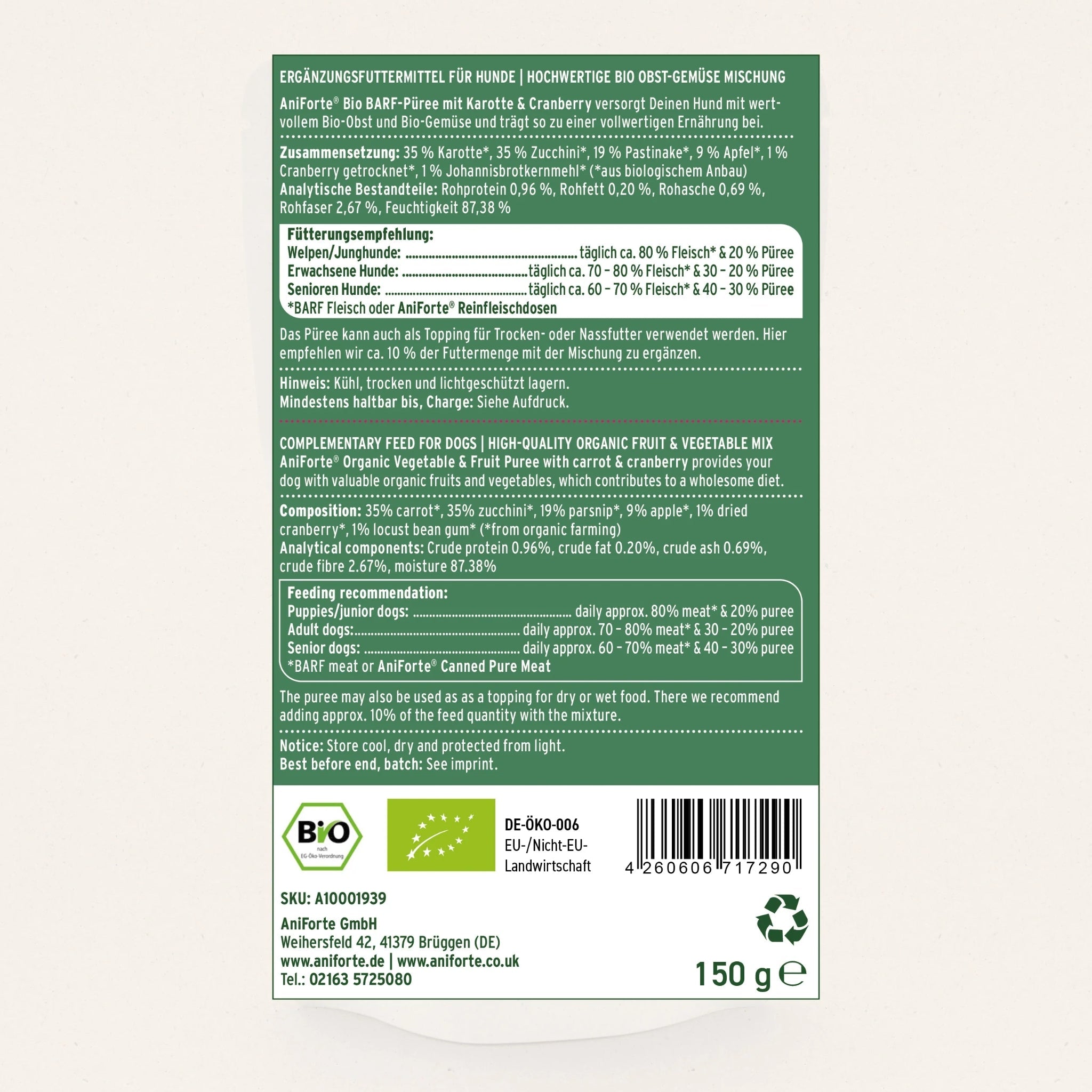 AniForte BIO BARF - Püree mit Karotte &amp; Cranberry für Hunde - Woofshack