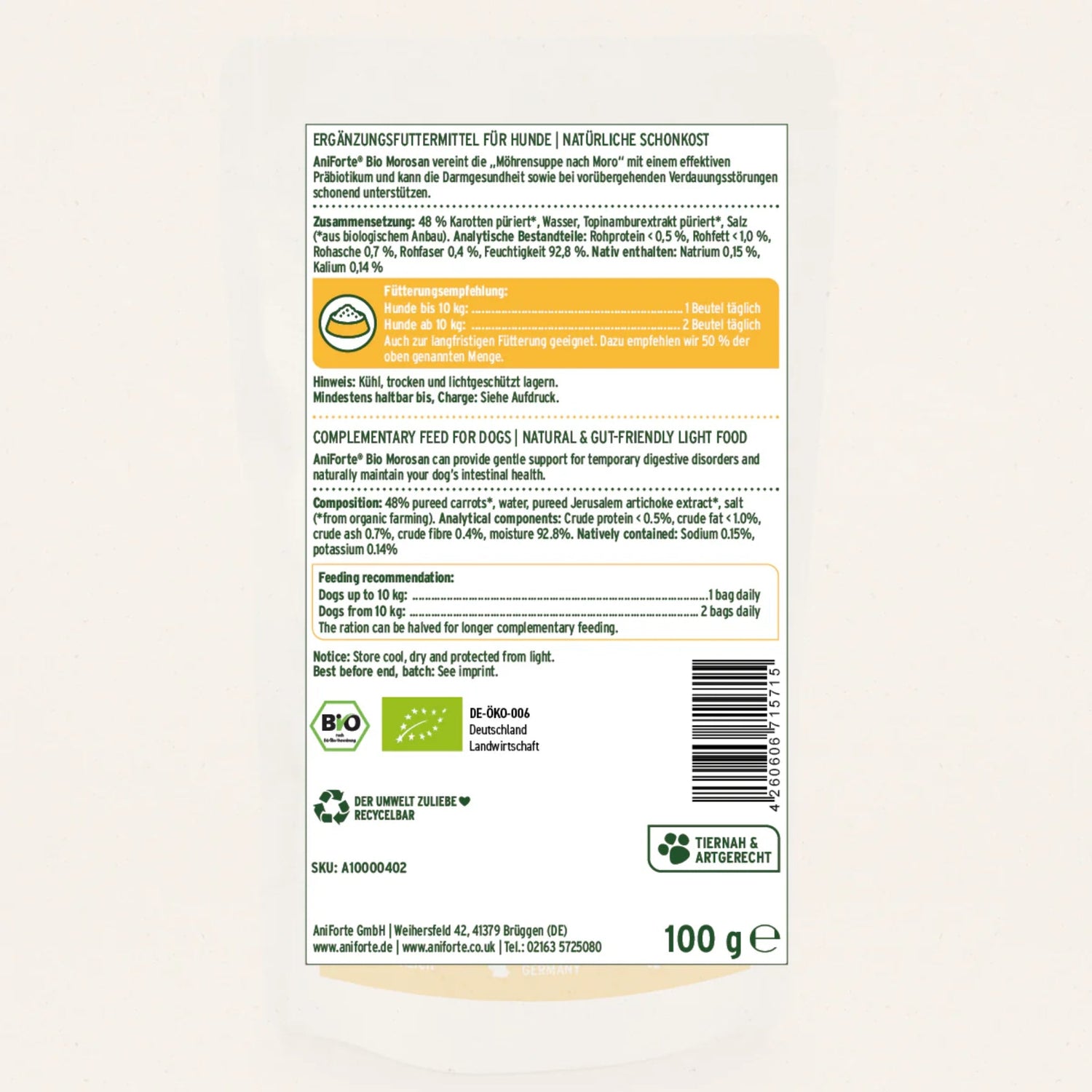AniForte Bio Morosan Schonkost für Hunde – Natürliche Hilfe bei Durchfall &amp; Verdauungsproblemen, Bio - Qualität mit Morosuppe - Woofshack