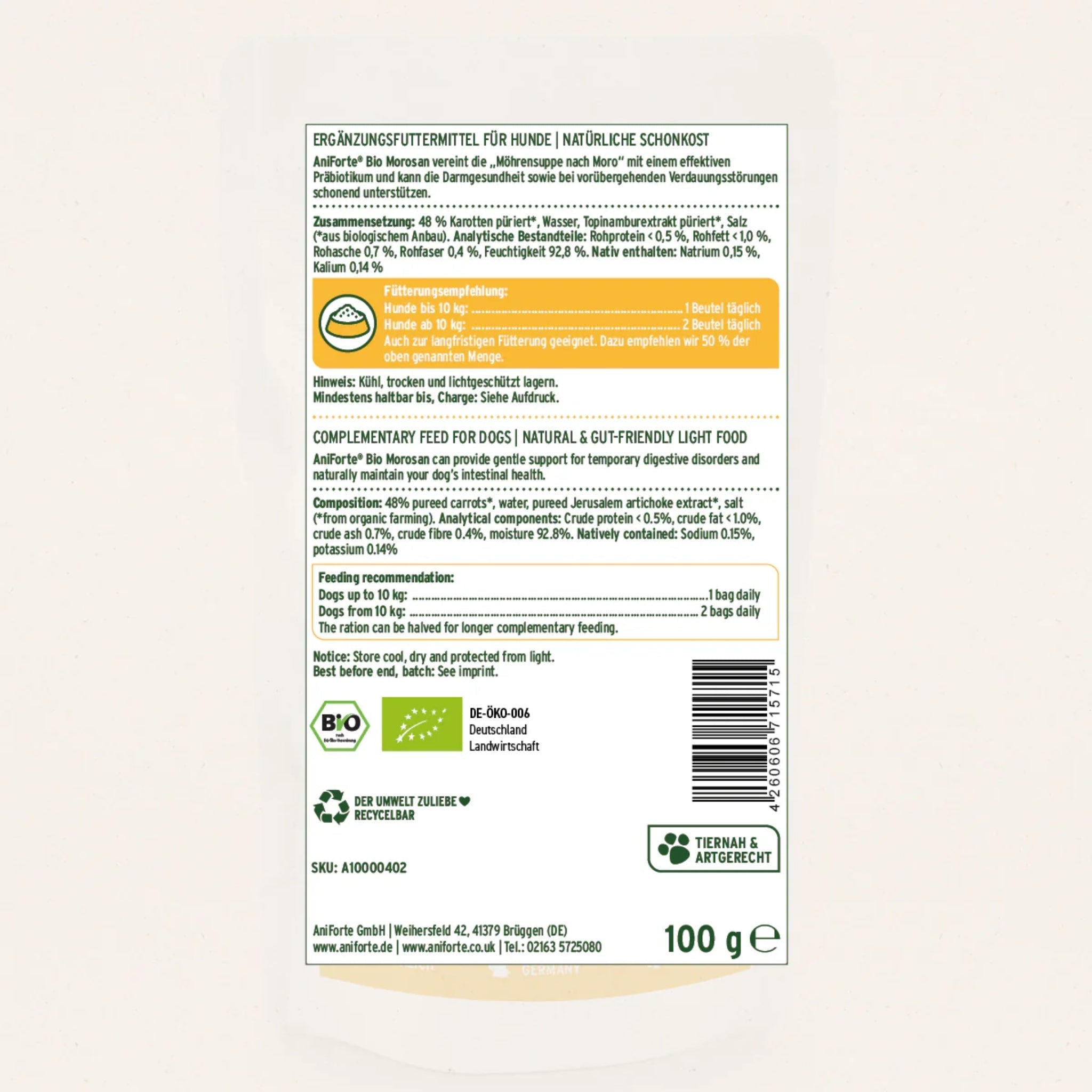 AniForte Bio Morosan Schonkost für Hunde – Natürliche Hilfe bei Durchfall &amp; Verdauungsproblemen, Bio - Qualität mit Morosuppe - Woofshack