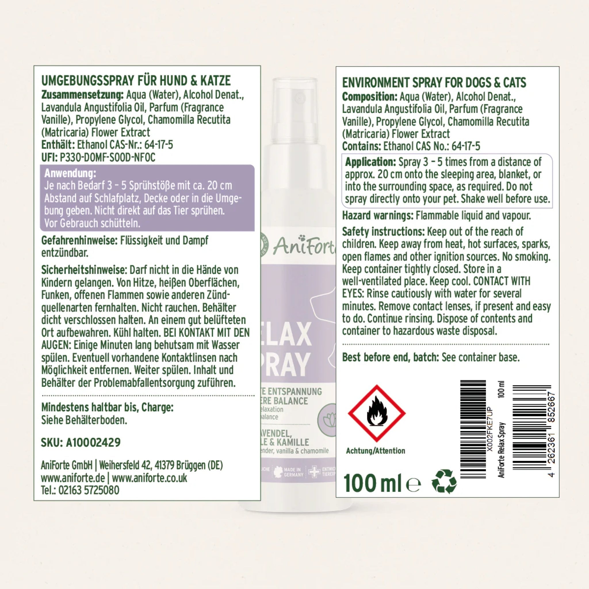 AniForte Relax Spray für Hunde &amp; Katzen – Natürliche Beruhigung bei Stress, Angst &amp; Unruhe durch Silvester, Gewitter &amp; Autofahrten - Woofshack