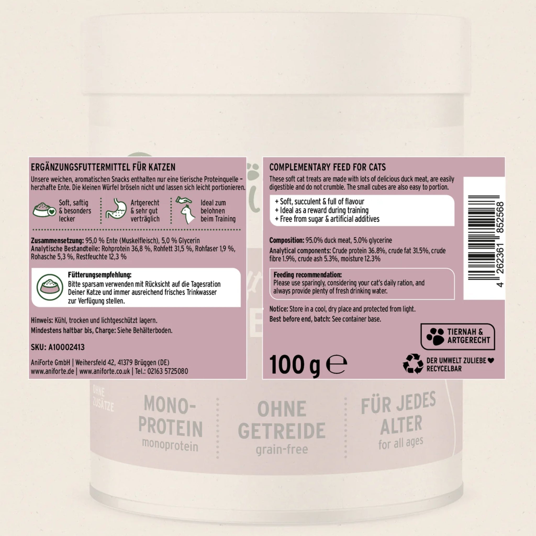 AniForte Soft Snack Ente – Weiche Premium - Leckerlis für Katzen, Natürlich &amp; Getreidefrei, Ideal für Training &amp; Belohnung - Woofshack