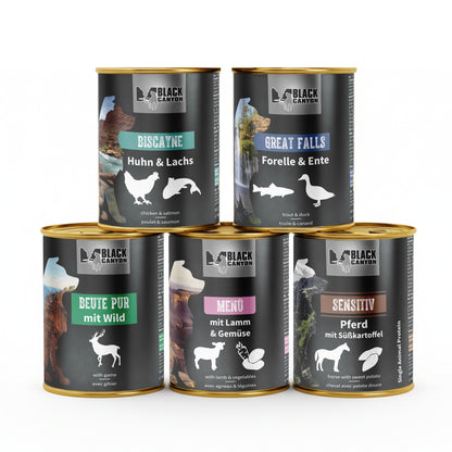 Black Canyon Probierpaket Nassfutter für Hunde – 5 Sorten getreidefreies Premium - Hundefutter zum Kennenlernen - Woofshack