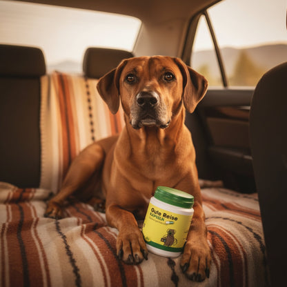 cdVet Gute Reise Kapseln – Natürliche Hilfe gegen Reiseübelkeit, Stress &amp; Nervosität bei Hunden – Pflanzliche Beruhigung für entspannte Autofahrten, Urlaub &amp; Tierarztbesuche - Woofshack