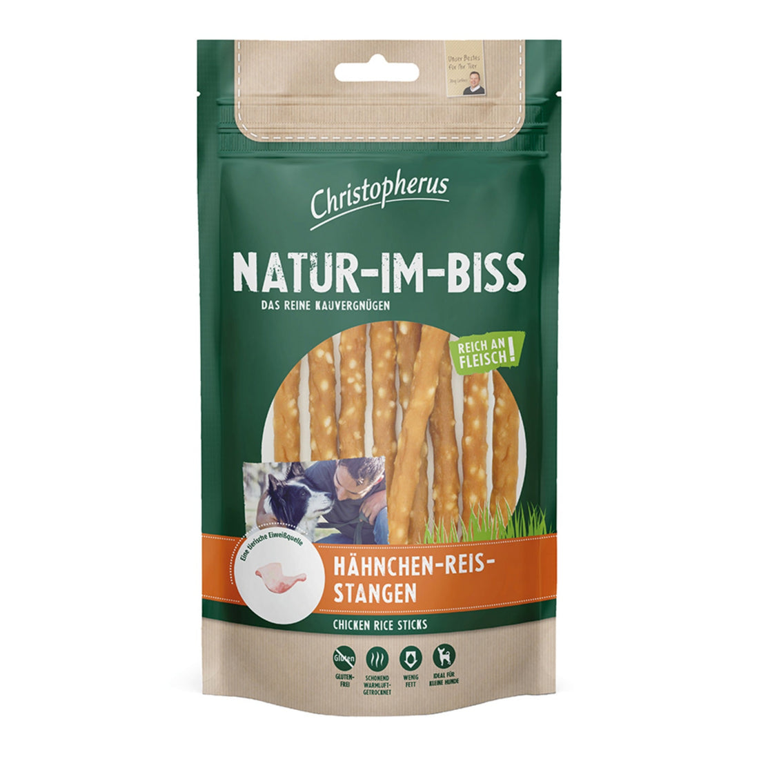 Christopherus Natur - Im - Biss Hähnchen - Reis - Stangen, Hundesnack - Woofshack