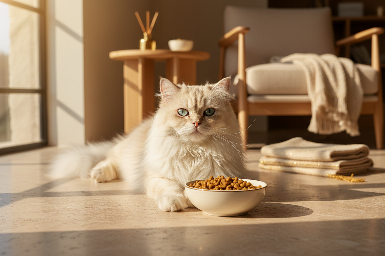 Cremefarbene Langhaarkatze mit einer Schüssel