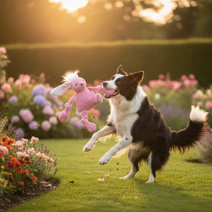 HuggleHounds Bitsy Bunny Knottie – Strapazierfähiges Plüsch - Hundespielzeug mit geknoteten Gliedmaßen für intensive Kausessions und aktives Spielen - Woofshack