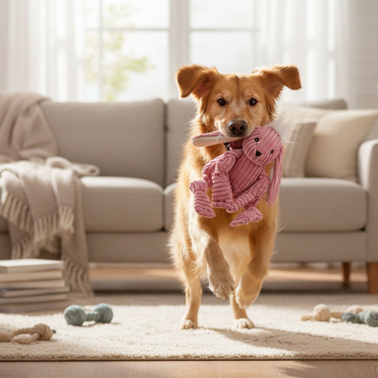 HuggleHounds Bitsy Bunny Knottie – Strapazierfähiges Plüsch - Hundespielzeug mit geknoteten Gliedmaßen für intensive Kausessions und aktives Spielen - Woofshack