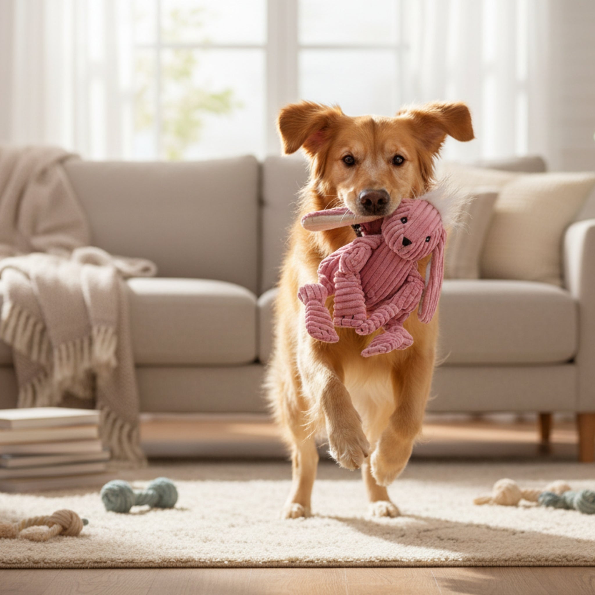 HuggleHounds Bitsy Bunny Knottie – Strapazierfähiges Plüsch - Hundespielzeug mit geknoteten Gliedmaßen für intensive Kausessions und aktives Spielen - Woofshack