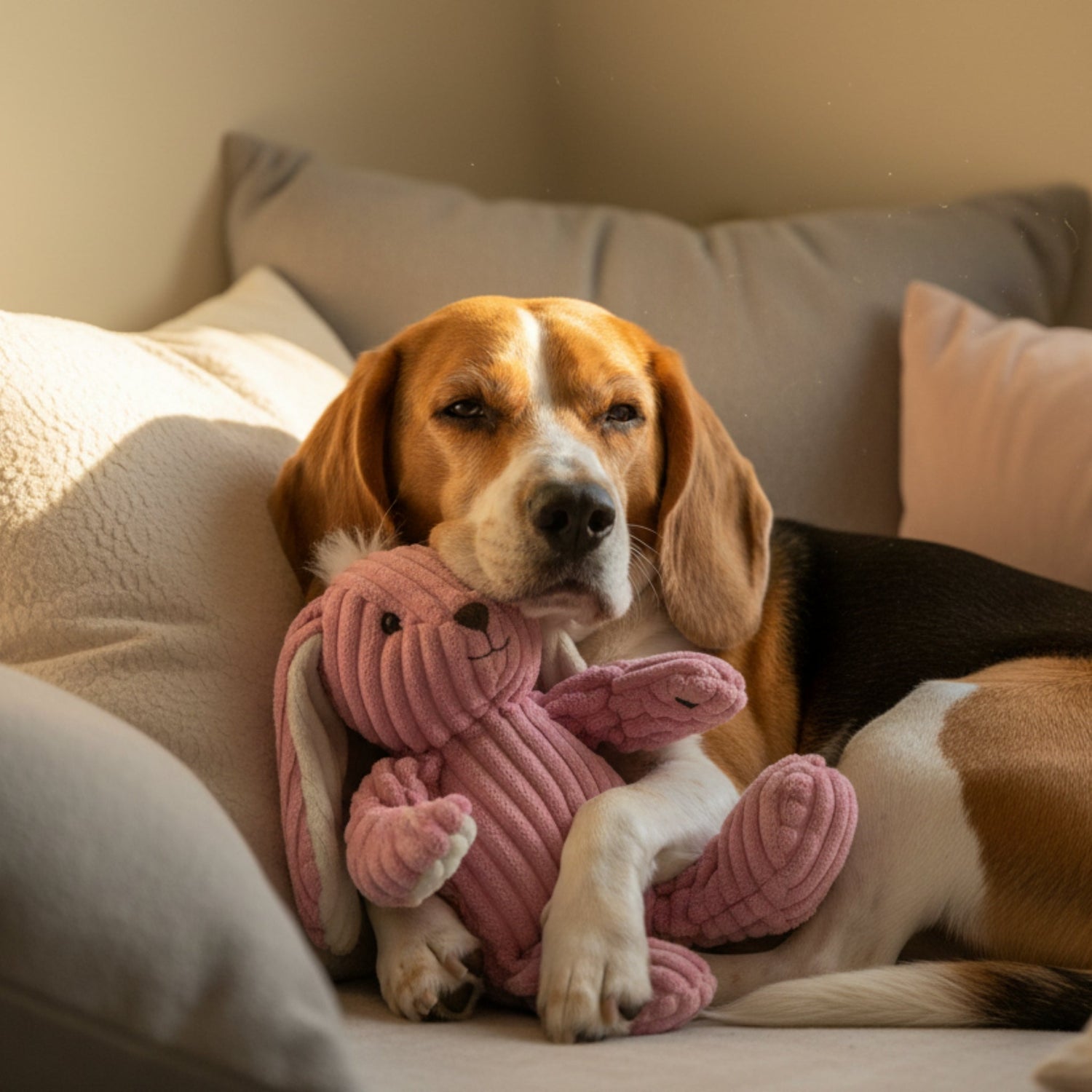 HuggleHounds Bitsy Bunny Knottie – Strapazierfähiges Plüsch - Hundespielzeug mit geknoteten Gliedmaßen für intensive Kausessions und aktives Spielen - Woofshack
