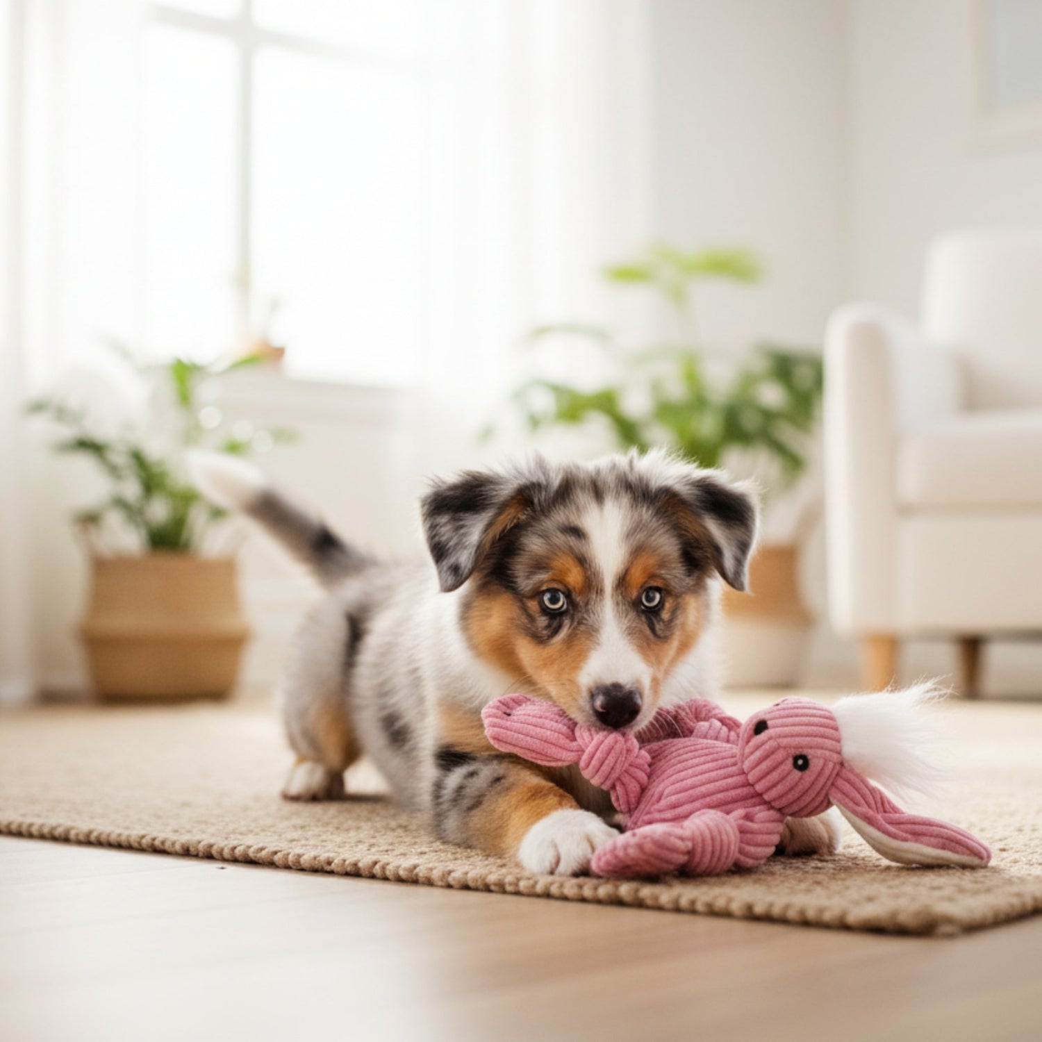 HuggleHounds Bitsy Bunny Knottie – Strapazierfähiges Plüsch - Hundespielzeug mit geknoteten Gliedmaßen für intensive Kausessions und aktives Spielen - Woofshack