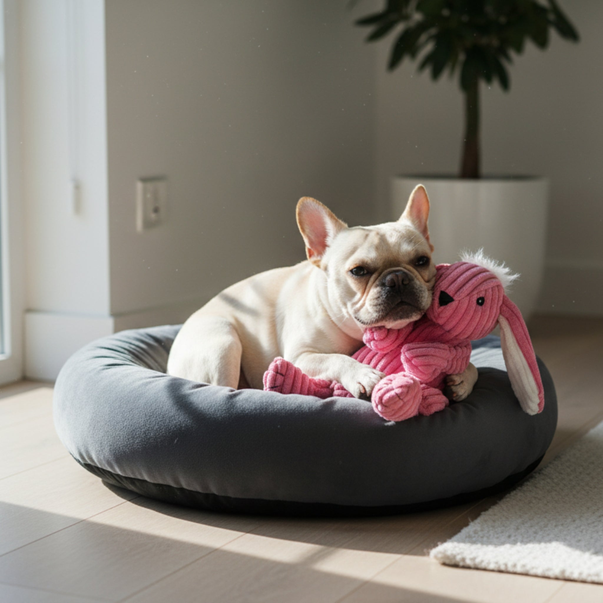 HuggleHounds Bitsy Bunny Knottie – Strapazierfähiges Plüsch - Hundespielzeug mit geknoteten Gliedmaßen für intensive Kausessions und aktives Spielen - Woofshack