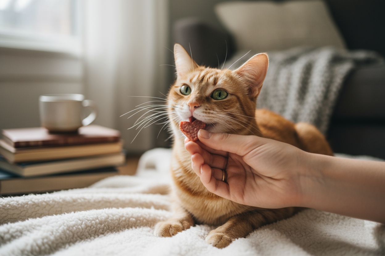 Katze wird mit herzförmigem Snack gefüttert