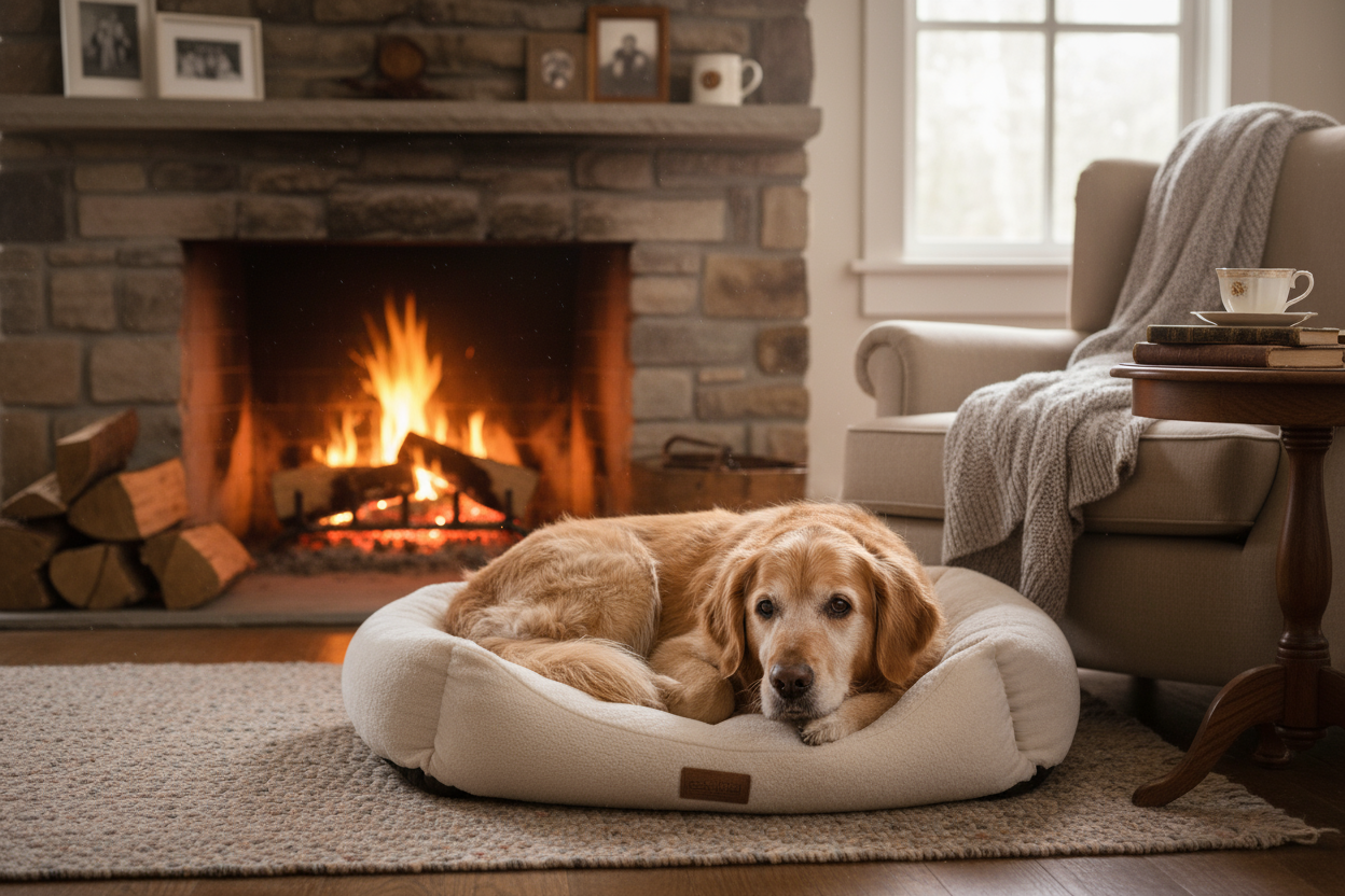 Älterer Hund am Kamin