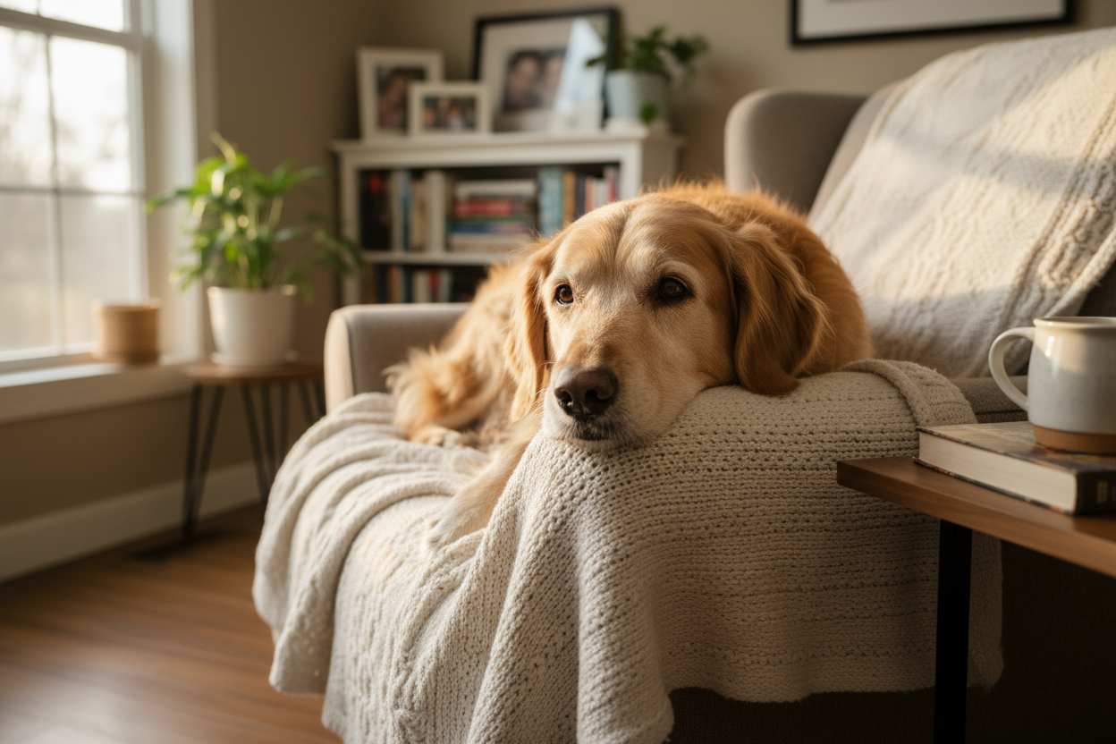 Älterer Hund auf kuscheliger Decke