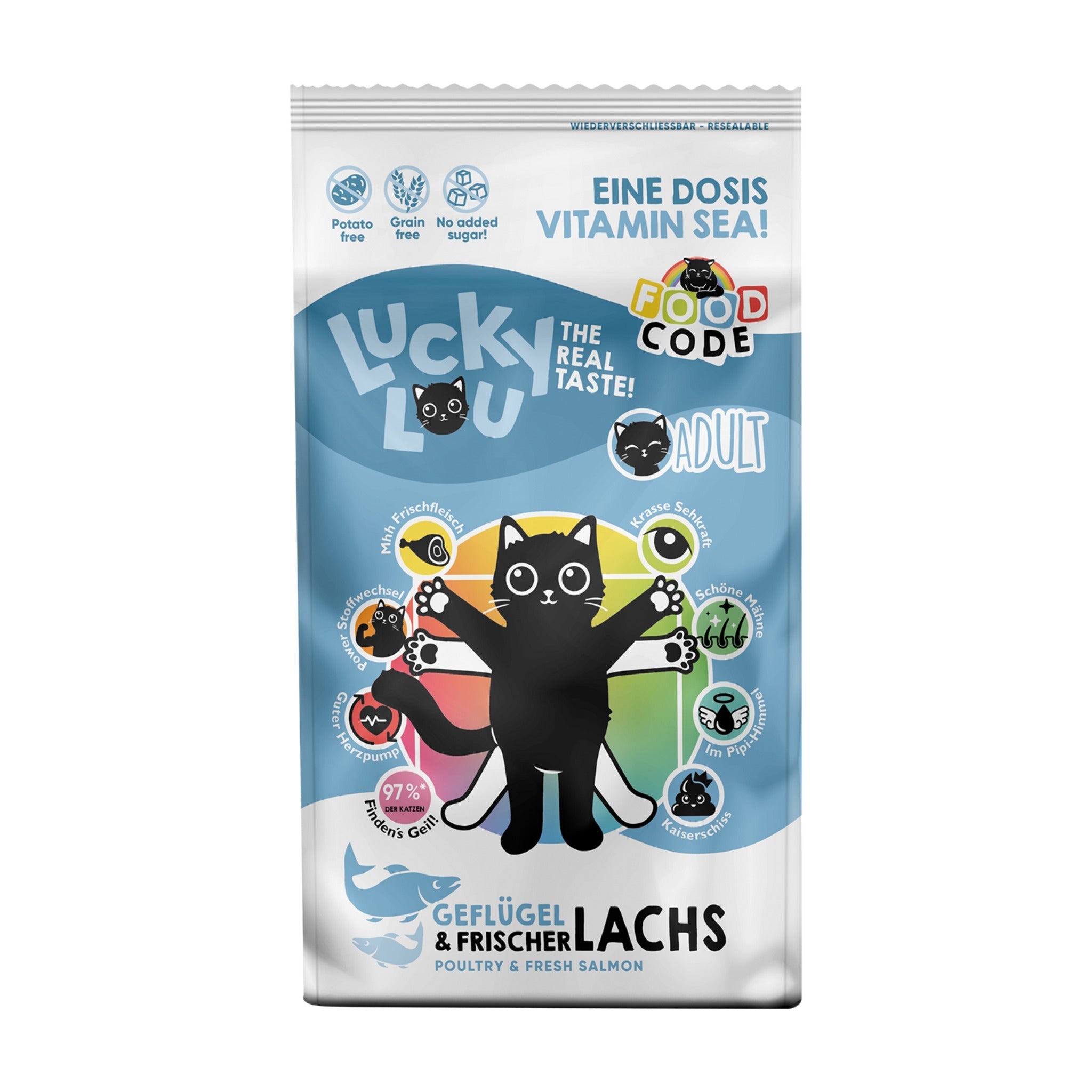 Lucky Lou Food Code Adult Geflügel &amp; Lachs, Katzen Trockenfutter - Woofshack