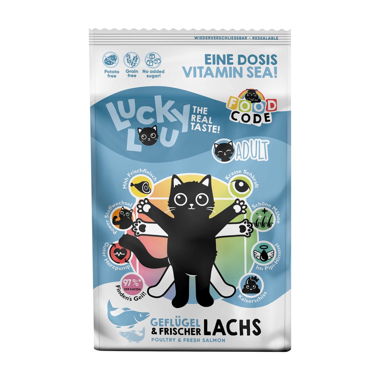 Lucky Lou Food Code Adult Geflügel &amp; Lachs, Katzen Trockenfutter - Woofshack