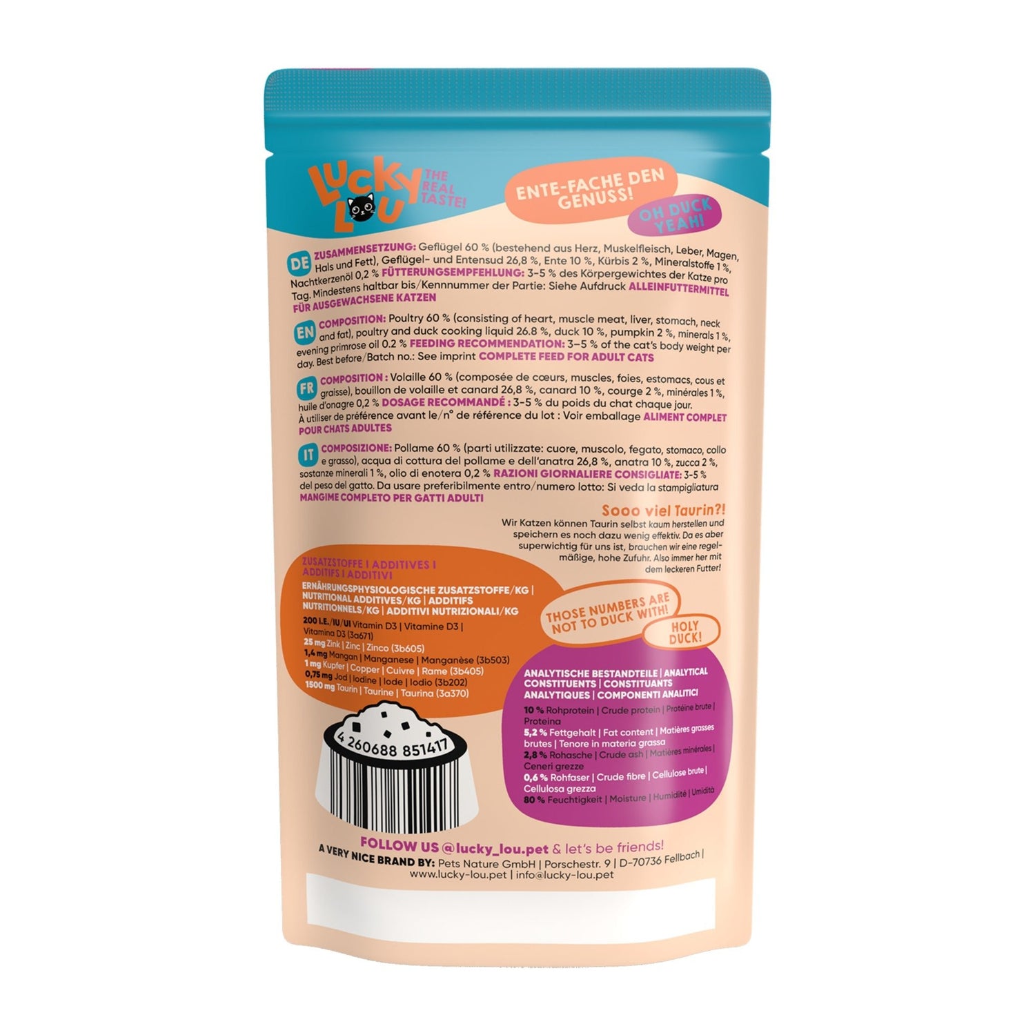 Lucky Lou Pouch Lifestage Adult Geflügel &amp; Ente, Katzen Nassfutter - Woofshack