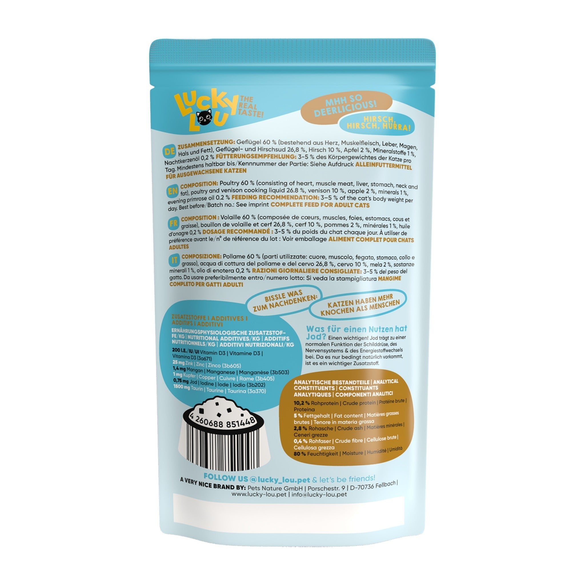 Lucky Lou Pouch Lifestage Adult Geflügel &amp; Hirsch, Katzen Nassfutter - Woofshack