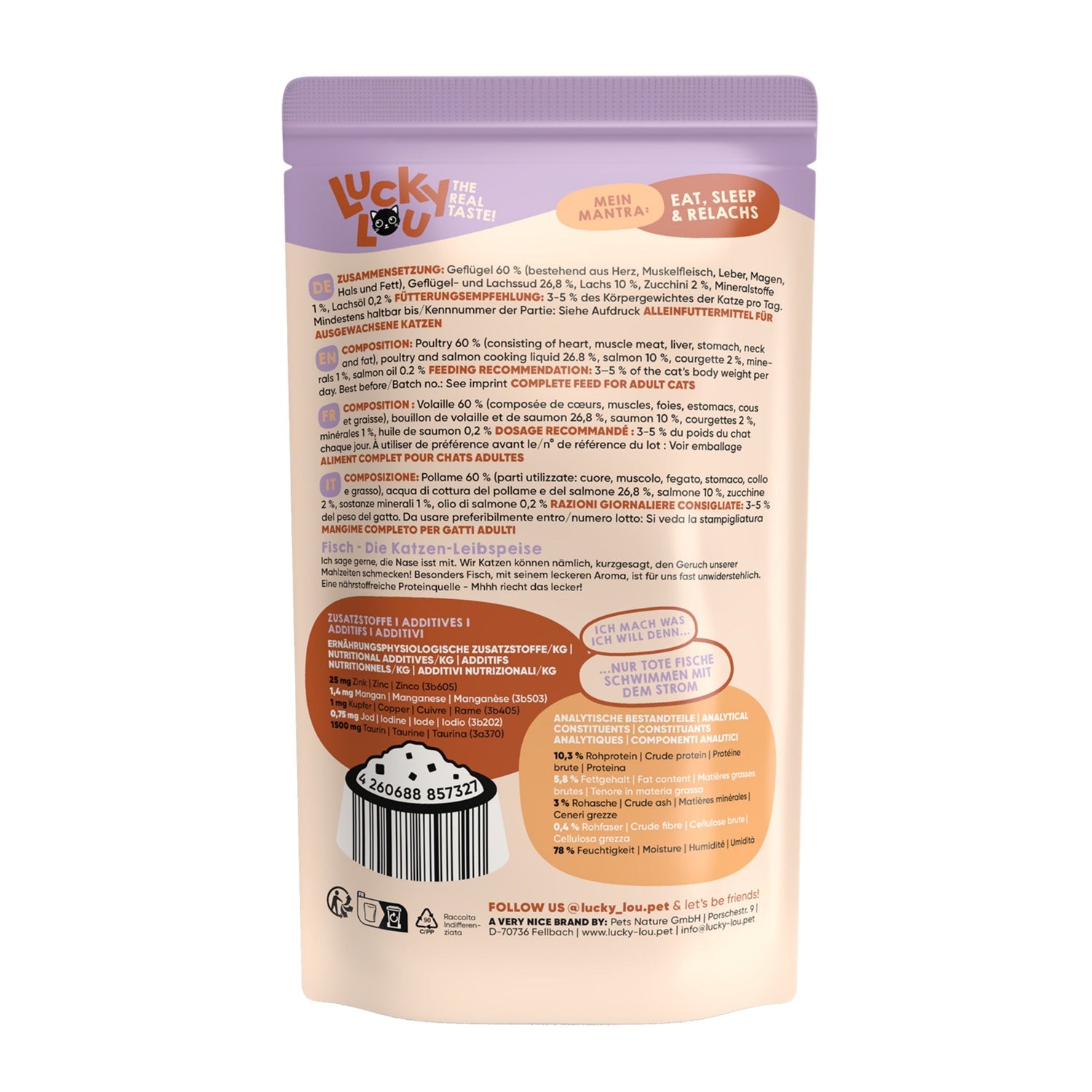 Lucky Lou Pouch Lifestage Adult Geflügel &amp; Lachs, Katzen Nassfutter - Woofshack