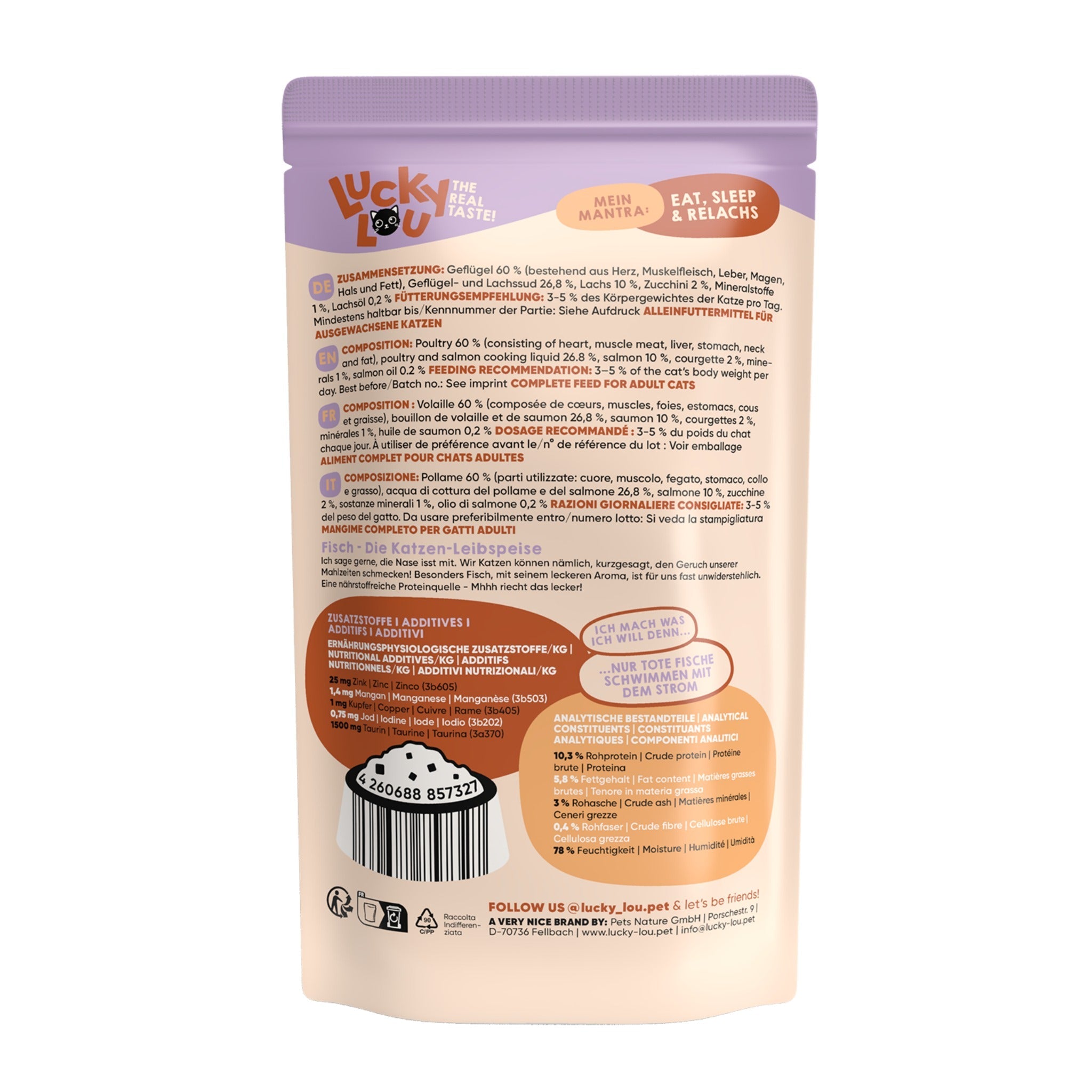 Lucky Lou Pouch Lifestage Adult Geflügel &amp; Lachs, Katzen Nassfutter - Woofshack