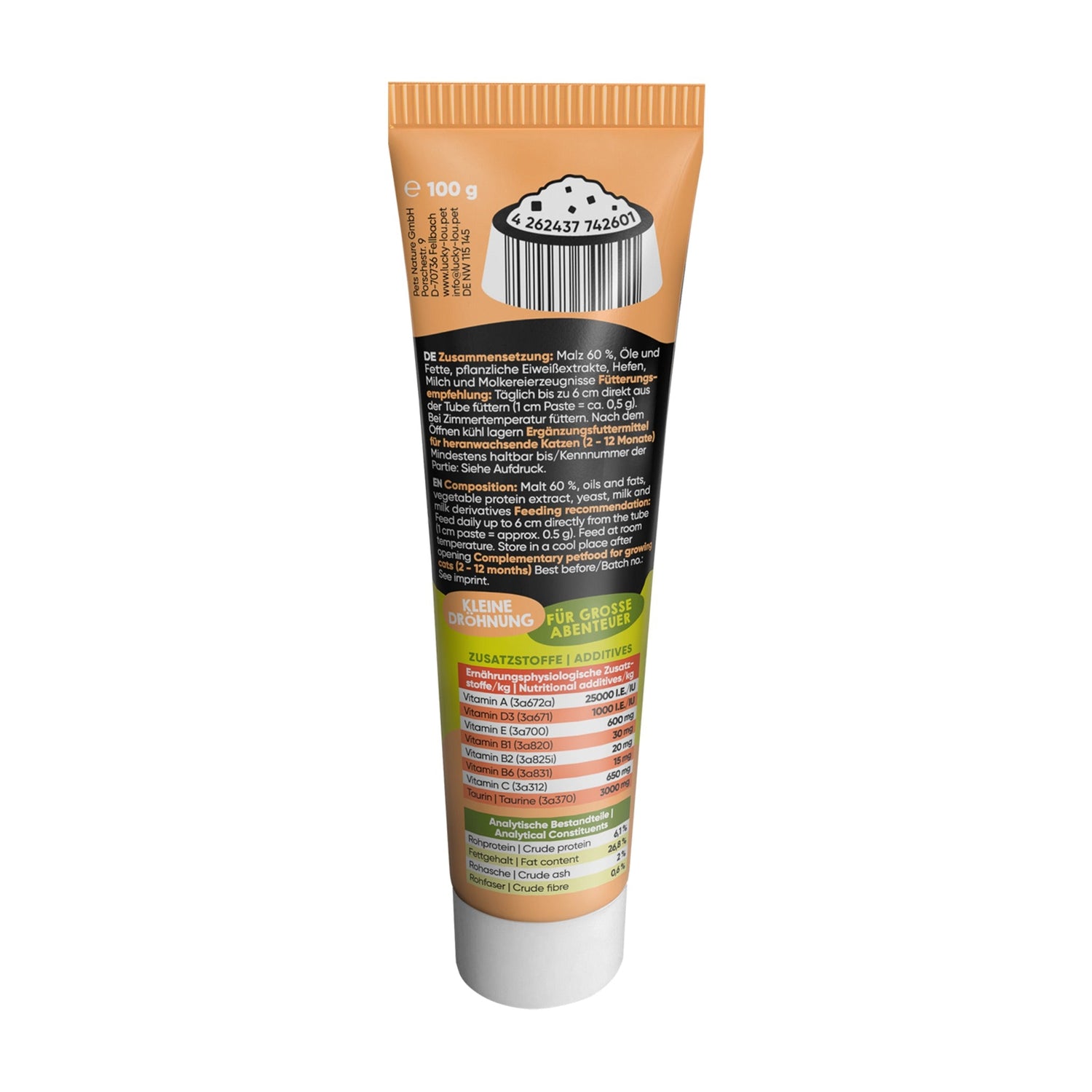 Lucky Lou Tube Quetschkopf Kitten Malz &amp; Vitamine, Katzensnack - Woofshack