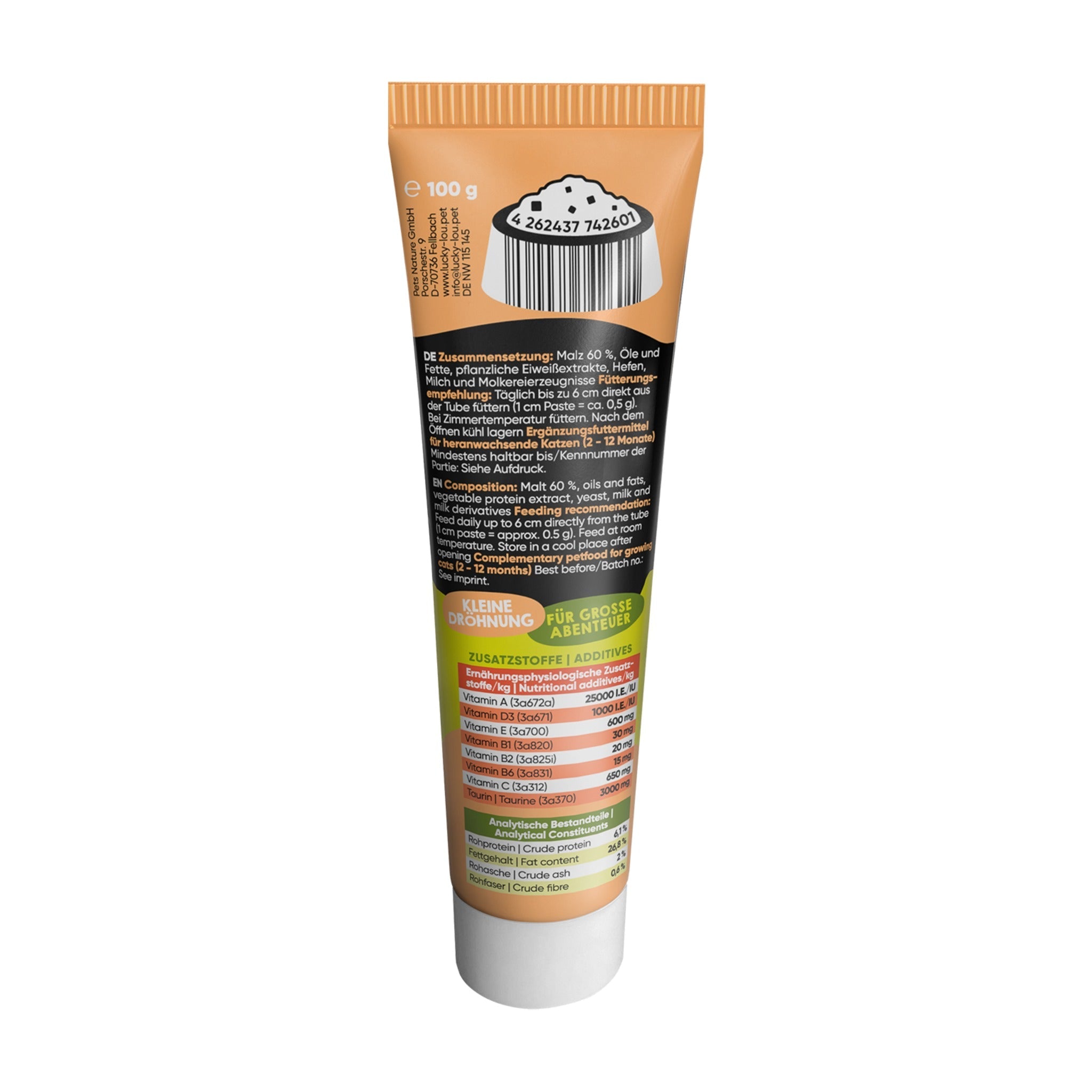 Lucky Lou Tube Quetschkopf Kitten Malz &amp; Vitamine, Katzensnack - Woofshack