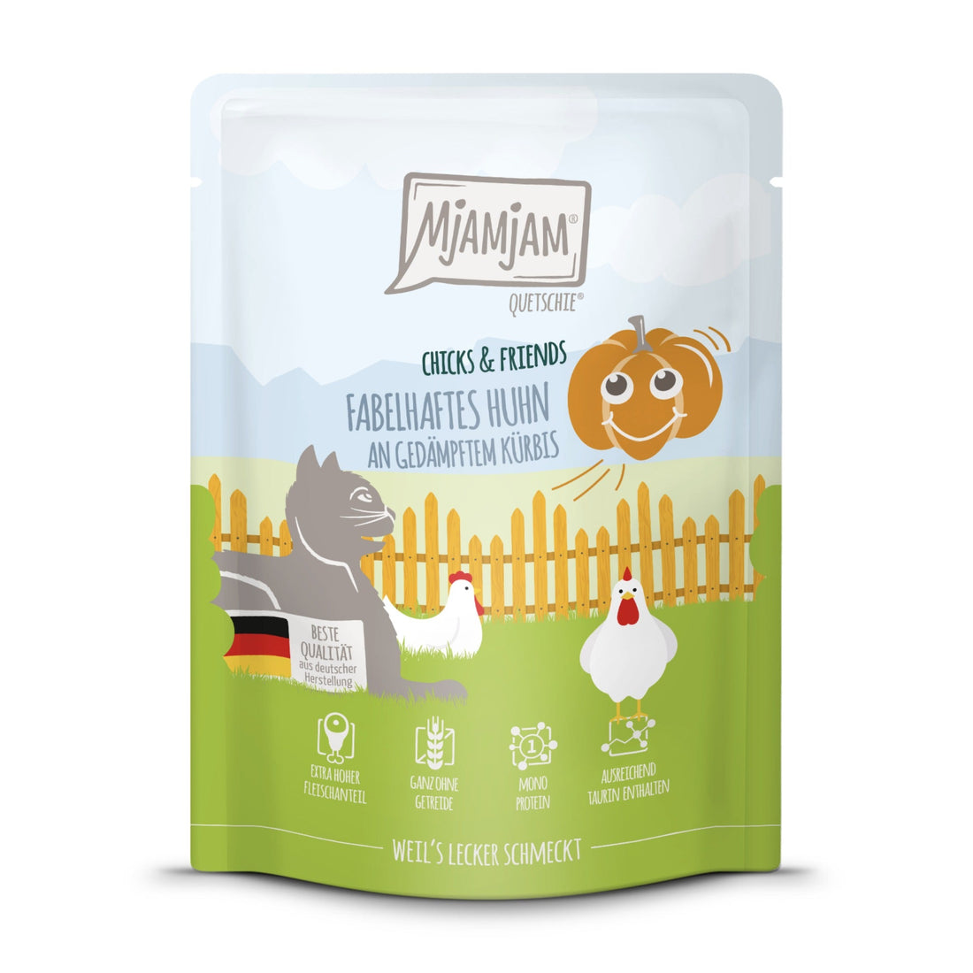 MjAMjAM Quetschie Chicks &amp; Friends - Huhn &amp; Kürbis - Katzen Nassfutter - Woofshack