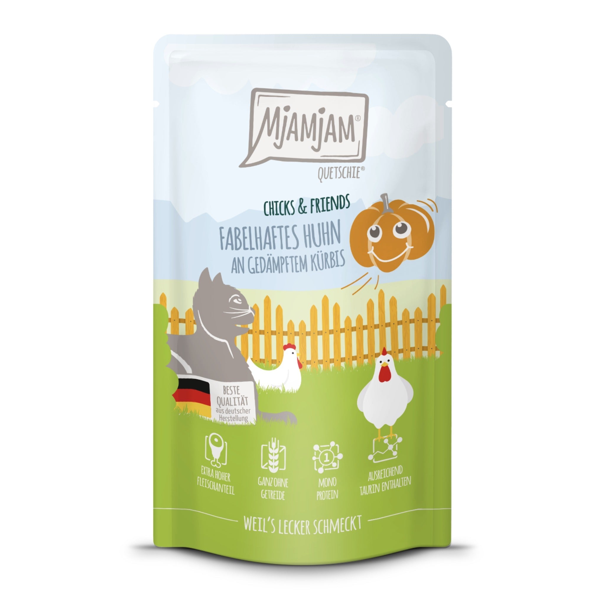 MjAMjAM Quetschie Chicks &amp; Friends - Huhn &amp; Kürbis - Katzen Nassfutter - Woofshack