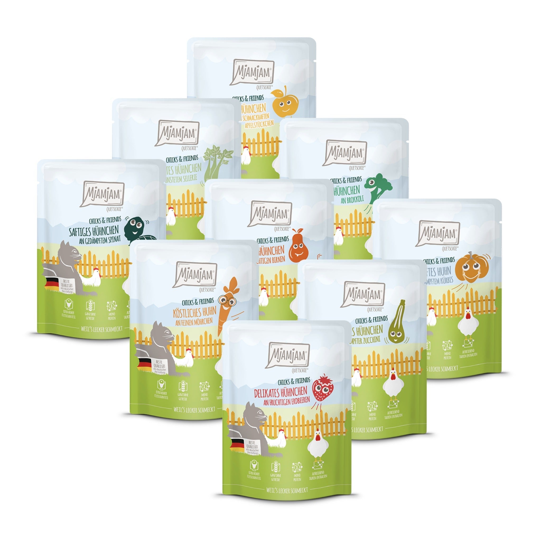 MjAMjAM Quetschie Chicks &amp; Friends Mixpaket - Katzen Nassfutter - Woofshack