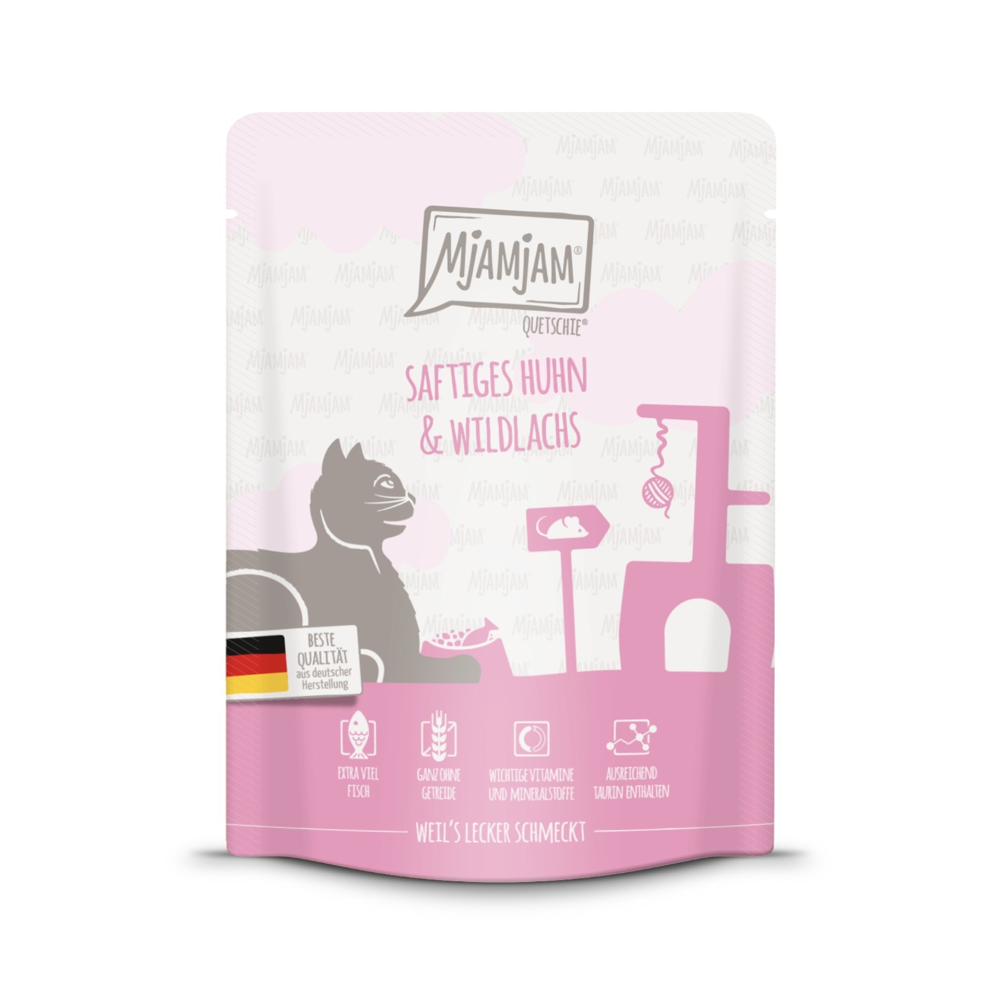 MjAMjAM Quetschie Huhn &amp; Wildlachs - Katzen Nassfutter - Woofshack