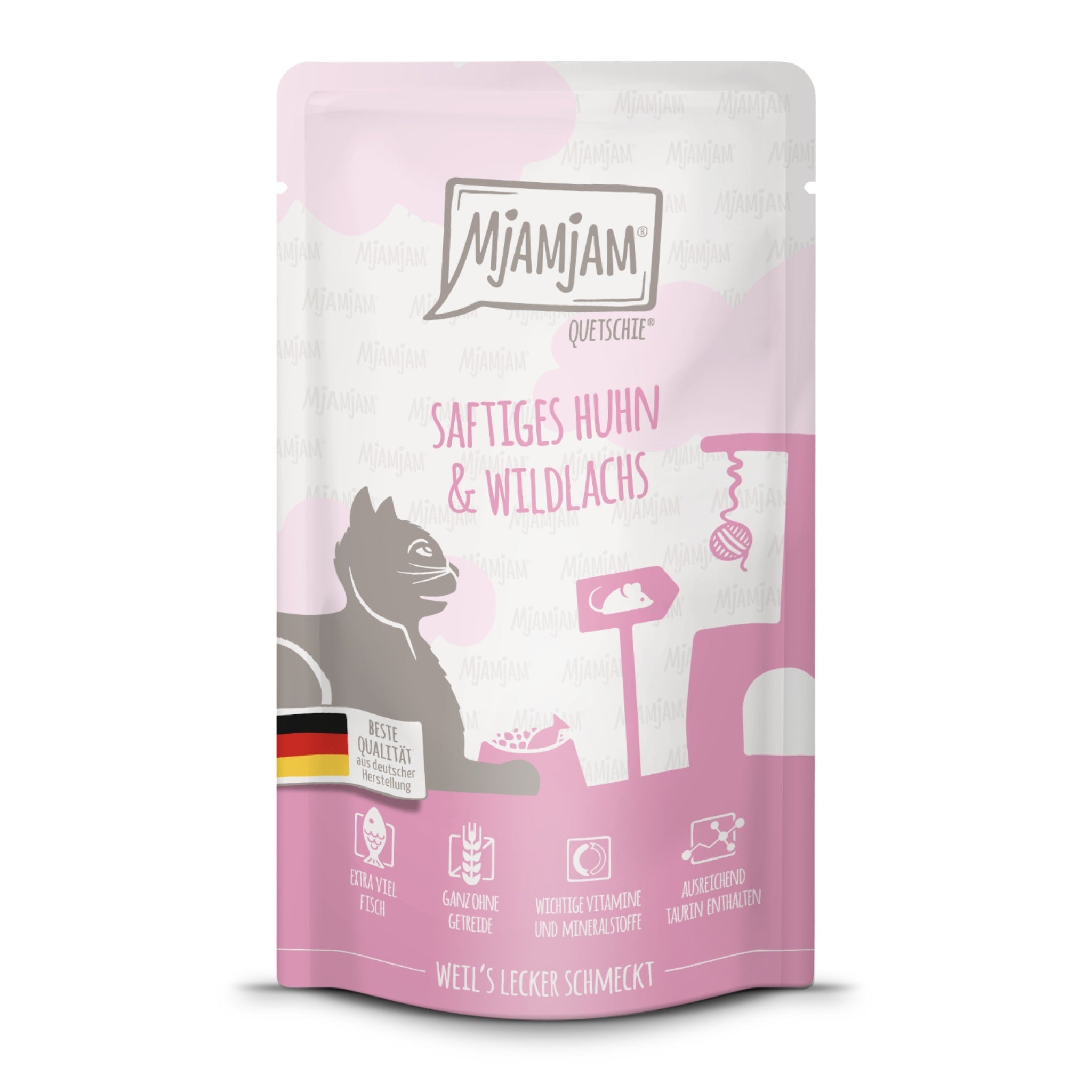 MjAMjAM Quetschie Huhn &amp; Wildlachs - Katzen Nassfutter - Woofshack