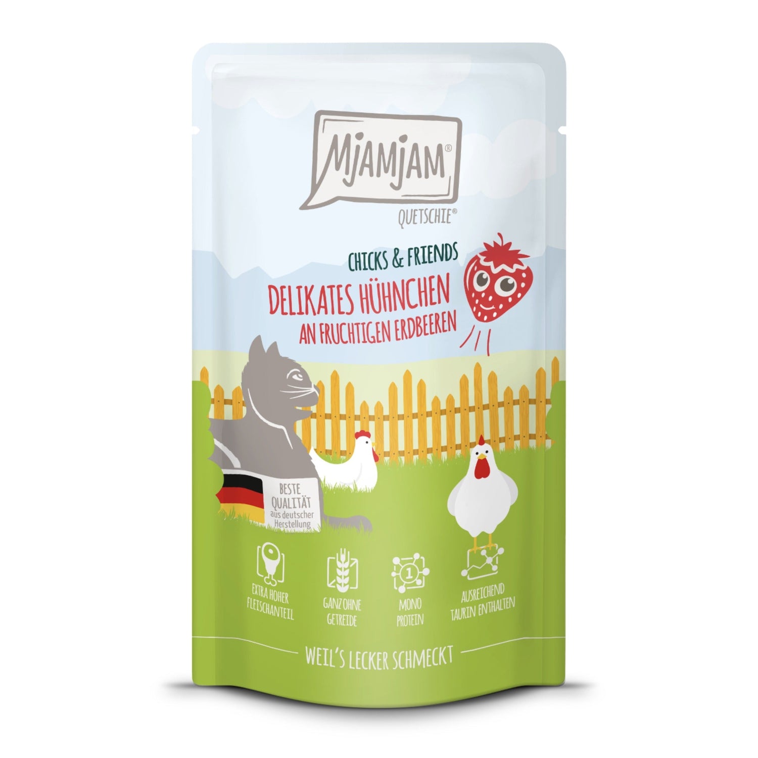 MjAMjAM Quetschie Hühnchen &amp; Erdbeeren - Katzen Nassfutter - Woofshack