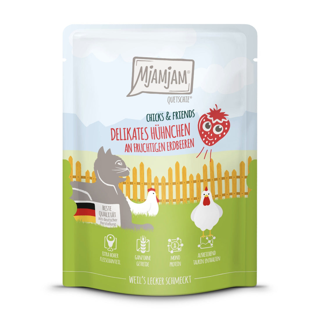 MjAMjAM Quetschie Hühnchen &amp; Erdbeeren - Katzen Nassfutter - Woofshack