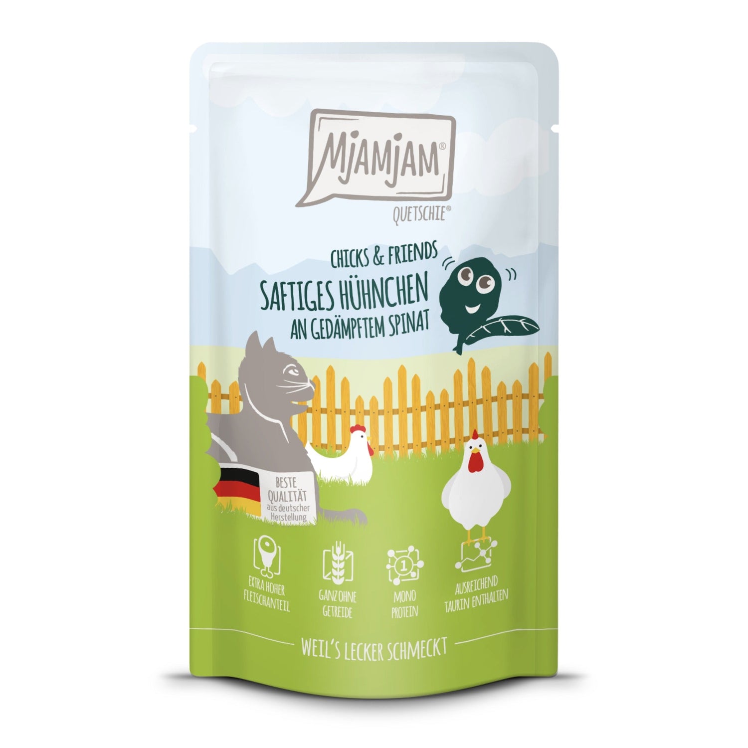 MjAMjAM Quetschie Hühnchen &amp; Spinat - Katzen Nassfutter - Woofshack