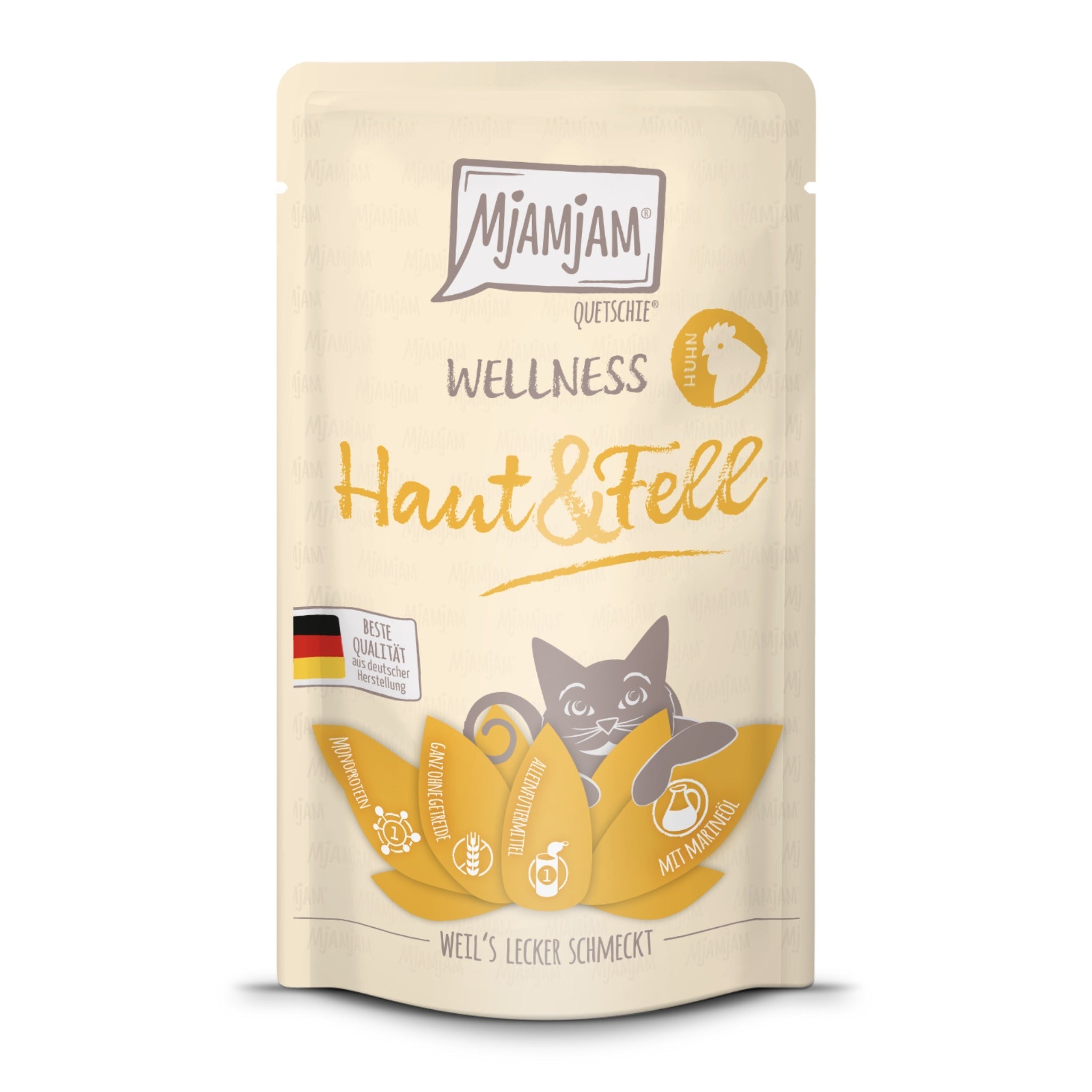 MjAMjAM Quetschie Wellness Haut &amp; Fell Huhn - Katzen Nassfutter - Woofshack