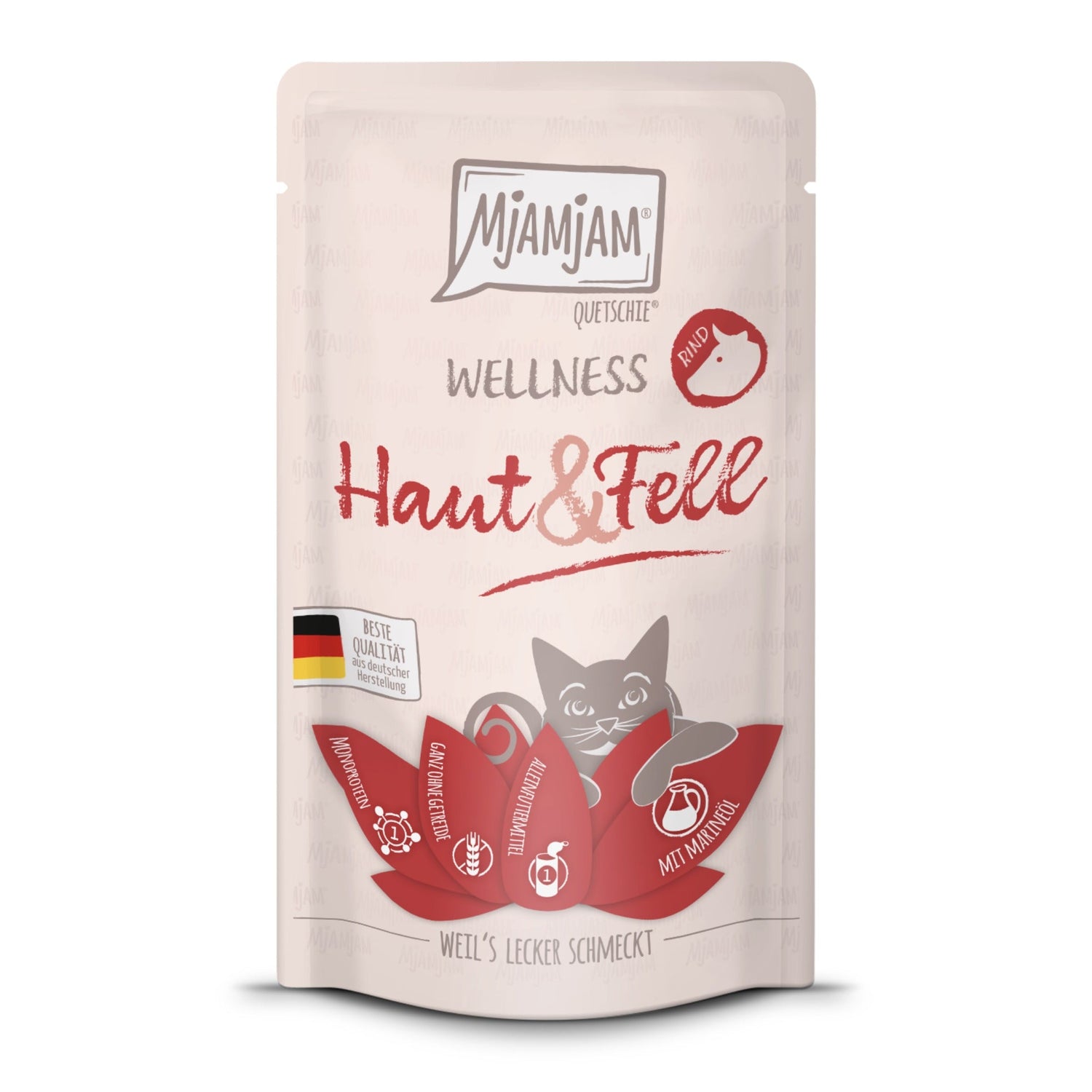 MjAMjAM Quetschie Wellness Haut &amp; Fell Rind - Katzen Nassfutter - Woofshack
